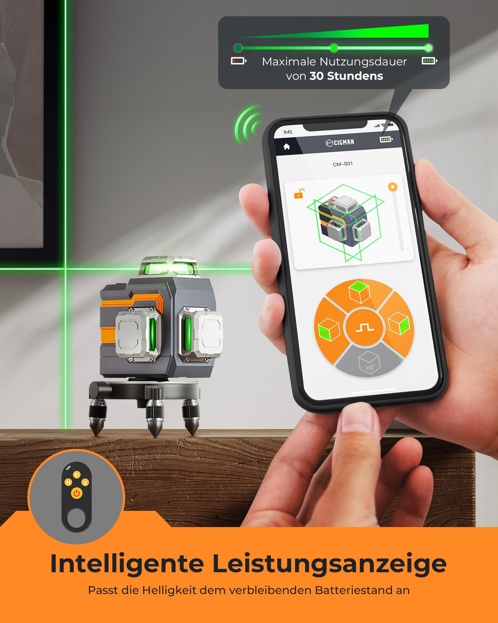 Kreuzlinienlaser, CIGMAN APP Intelligente Kontrolle 3x360 Grad Selbstnivellierend Laser Wasserwaage, mit Wiederaufladbarer Lithium-Batterie, Baulaser Kreuzlaser Grün für Innenbereich Bauste, (CM-S01)