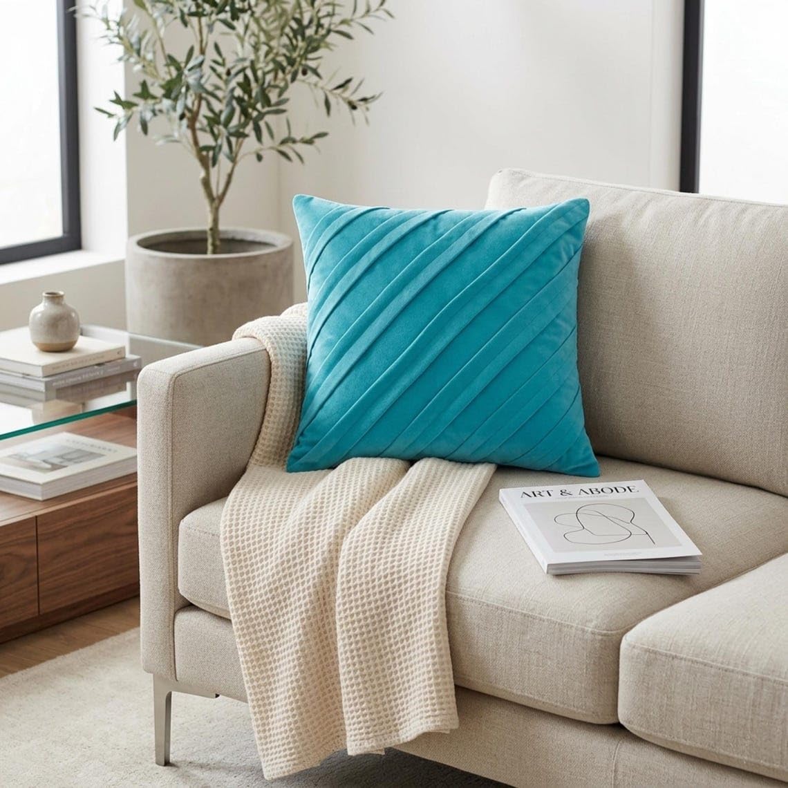 The HomeCentric Euro Pillow, Decorative Turquoise Blue Euro Pillow Covers 26x26 inch (65x65 cm) Suede Euro Size Pillow Shams, Striped, Pintucks, Textured, Contemporary Euro - Contemporary Turquoise