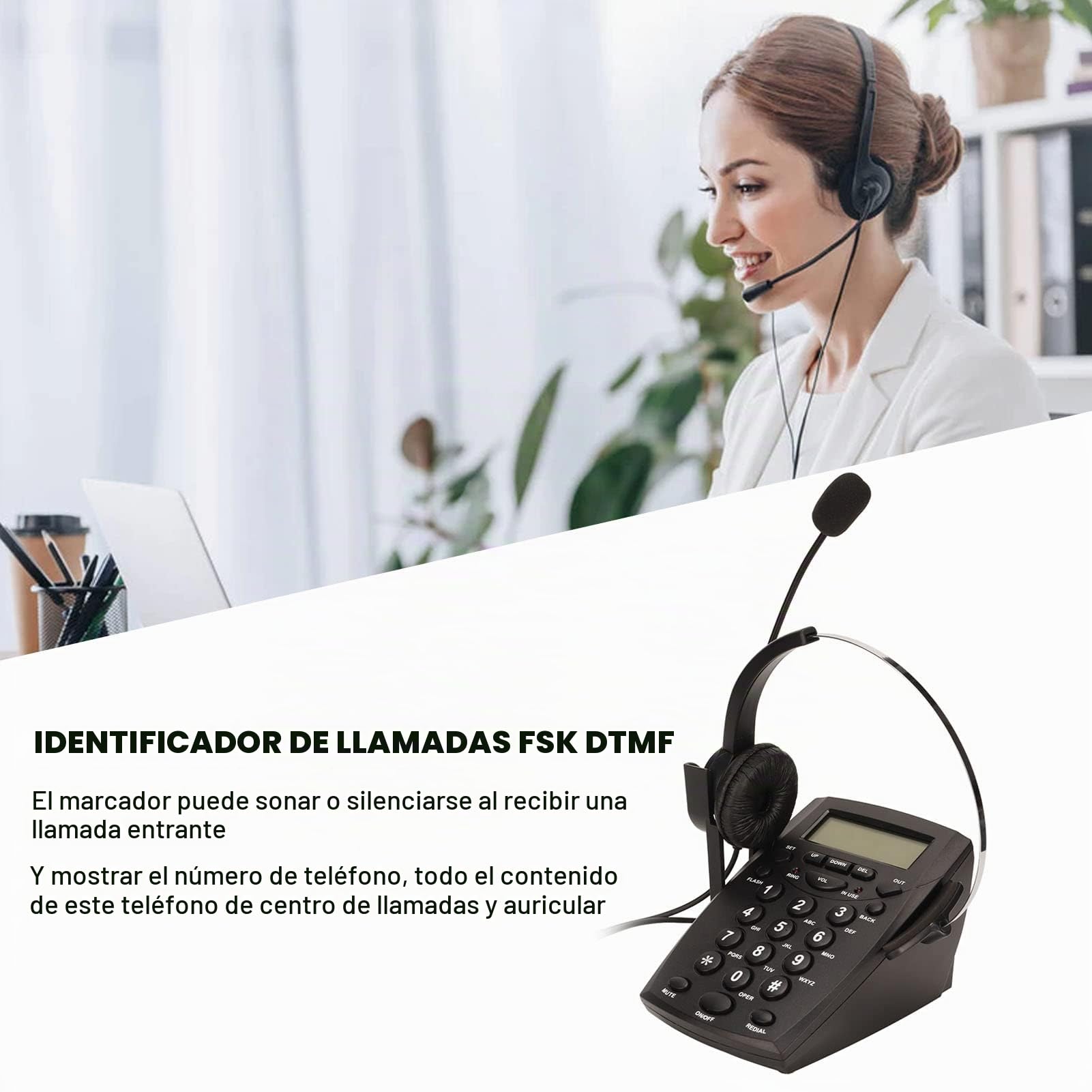 Teléfono de Centro de Llamadas, Teléfono Alámbrico con Cancelación de Ruido, Micrófono de Auriculares, Identificador de Llamadas con Teclado DTMF FSK, Volumen Ajustable, de Teléfono con Auricu