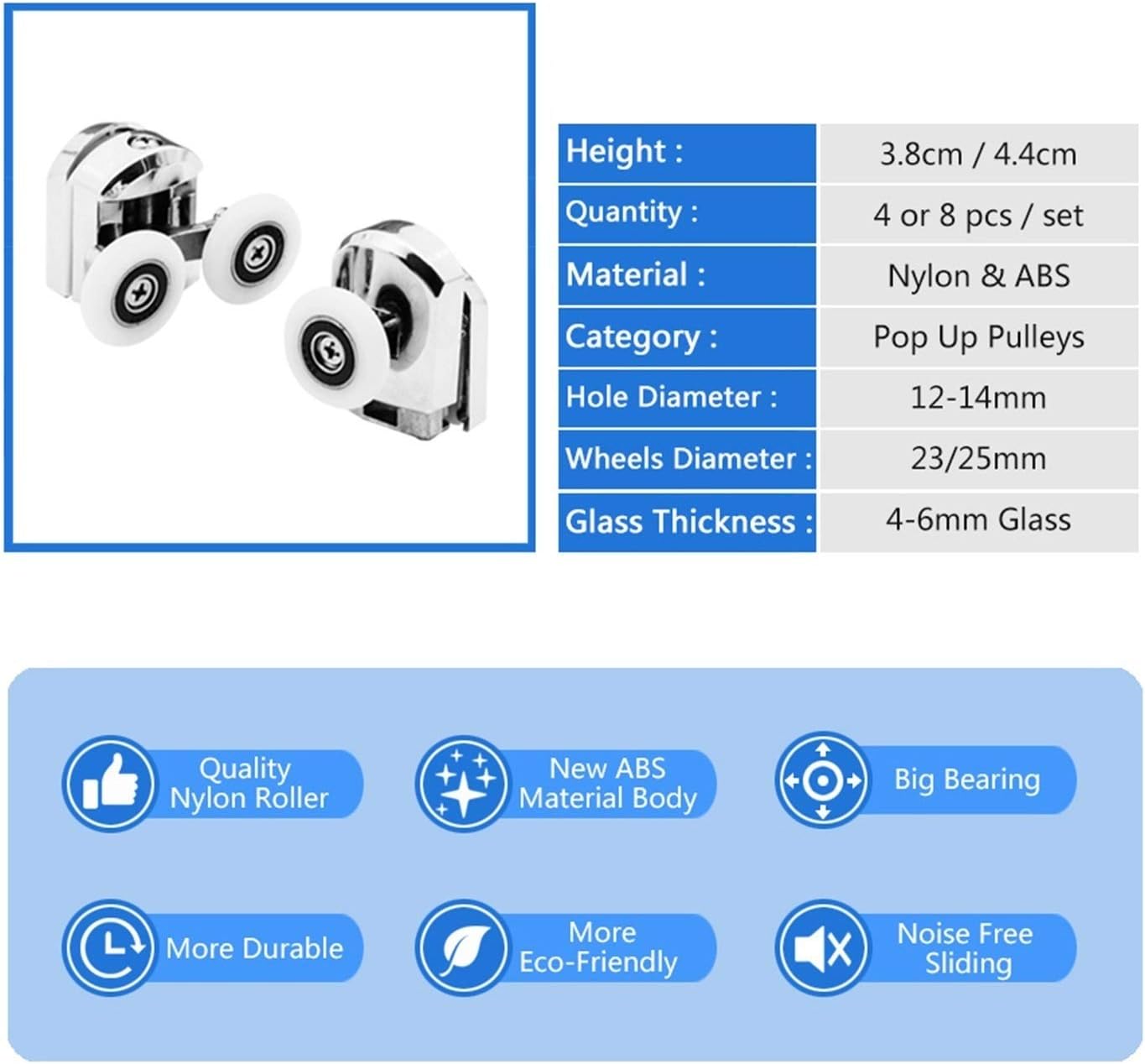SBTRKT 4pcs/Set Double Top Single Bottom, Diameter 23mm/25mm Pulley, Castors for Shower Room Glass Doors, Sliding Doors, Cabinet Doors, Accessories (Color : 4PCS DOWM-25MM)