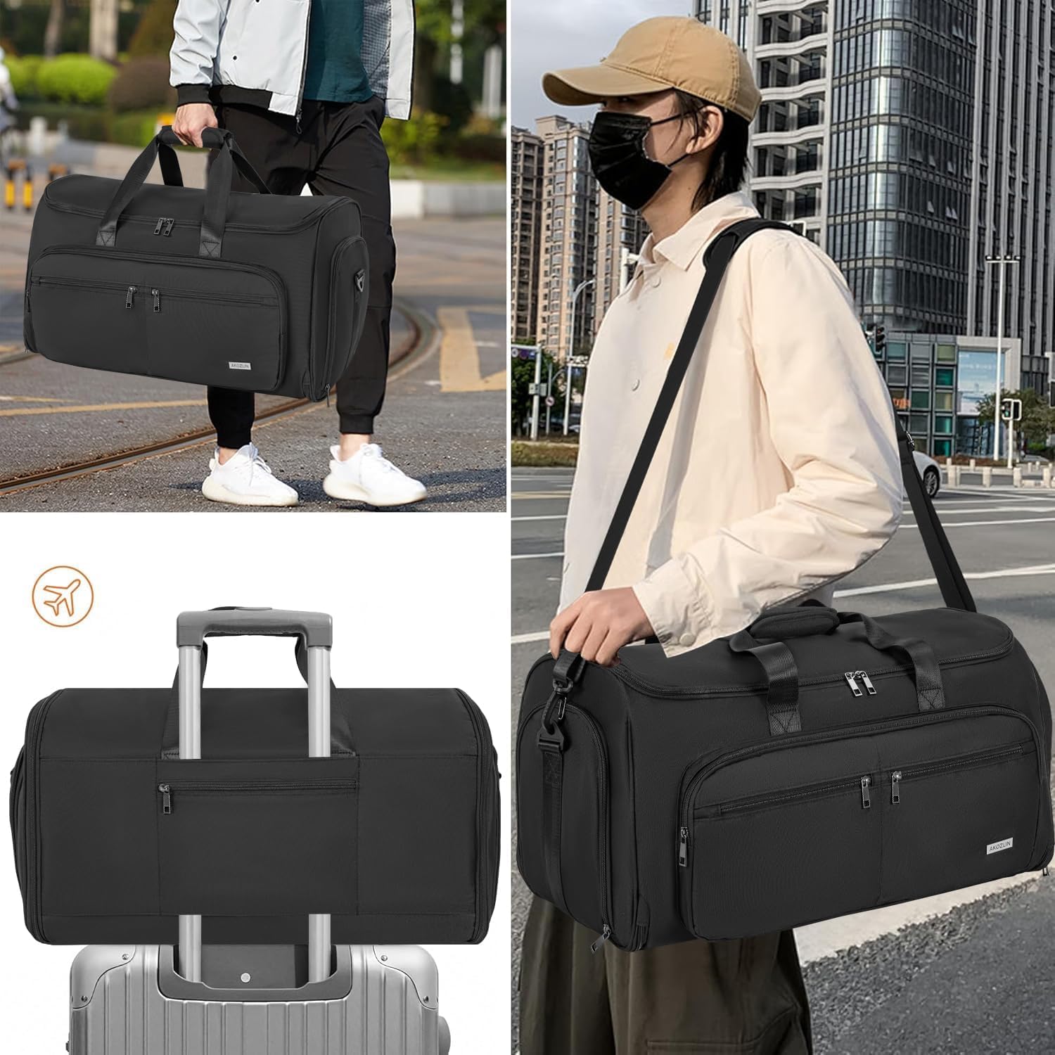 Borsa da viaggio pieghevole da appendere per viaggi d'affari, valigetta da ufficio con tracolla per uomo, nero, Nero , With Inner Pockets
