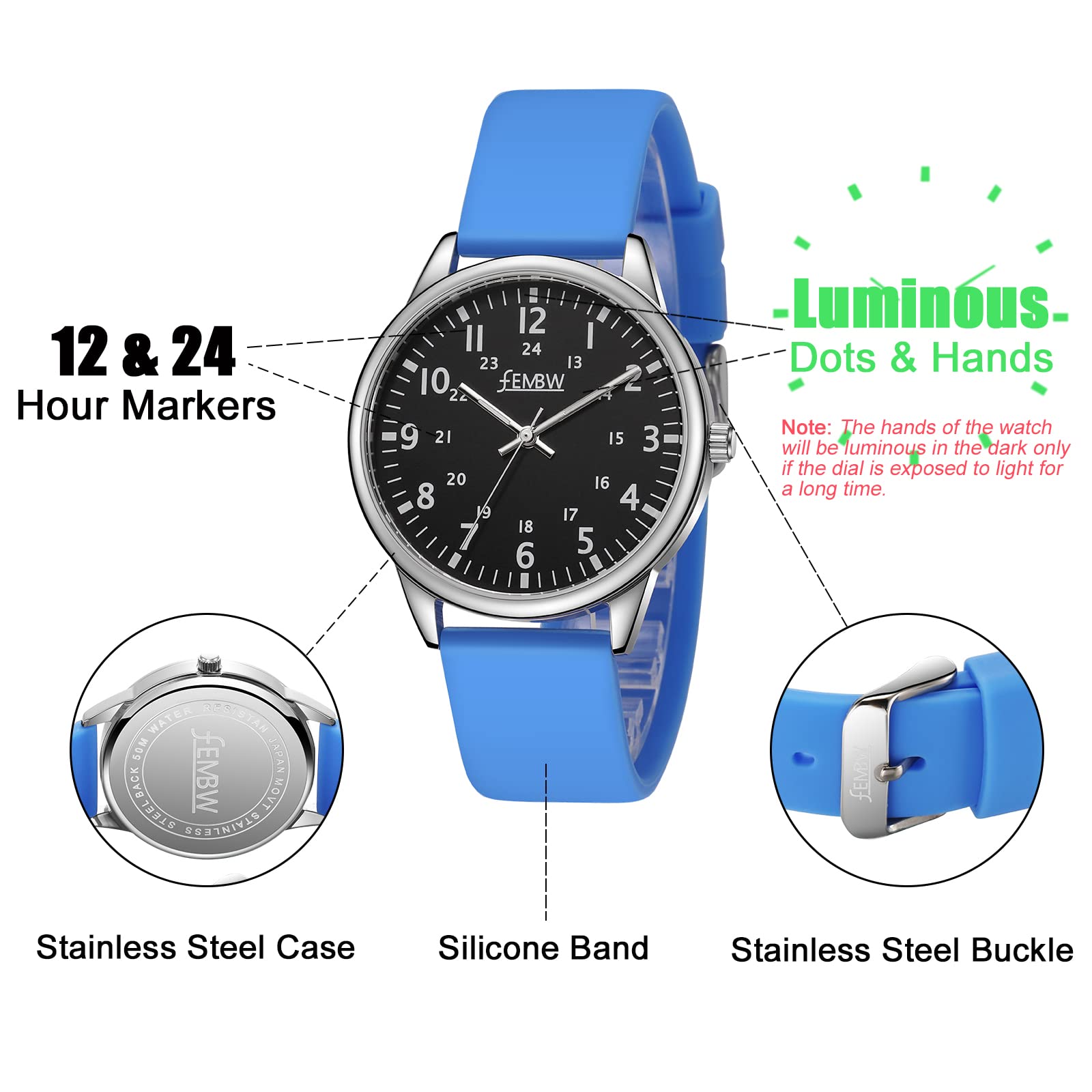 FEMBW Orologio da donna in silicone, cinturino in silicone, quadrante di facile lettura, lancette luminose, lancetta dei secondi, resistenza all'acqua 50M