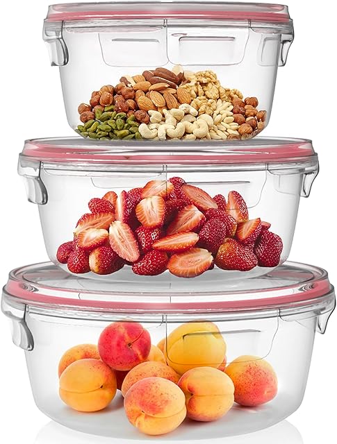 Home Fleek 3-Pack Glass Food Storage Containers with Locking Lids | Meal Prep Lunch Box | Airtight Leak Proof | Microwave, Oven, Freezer and Dishwasher Safe | Round | BPA Free (Set of 3, Red)