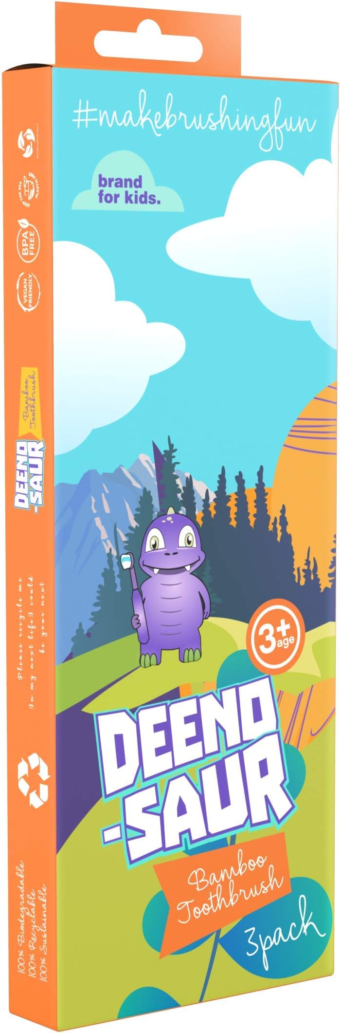 DEENO-Saur Organic Children's Bamboo Toothbrush for Ages 3+ | Three Colour | Soft Fibre Bristles | Plastic and BPA Free | 100% Biodegradable | Vegan Eco Friendly Kids Toothbrushes by Deeno