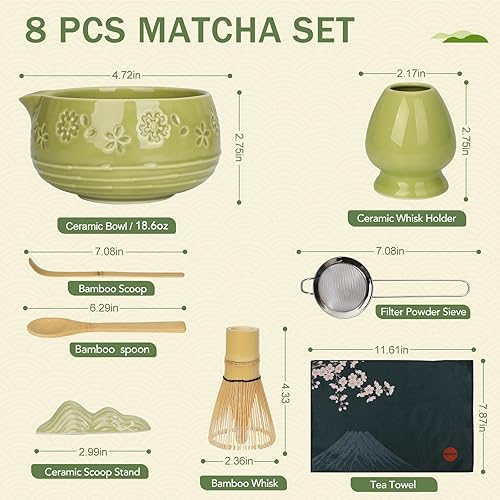 Miniatura 3 de Juego de batidor de matcha, cuenco de cerámica con boquilla, batidor y cuchara de bambú matcha, soporte para Chasen, soporte para cucharada, tamiz,