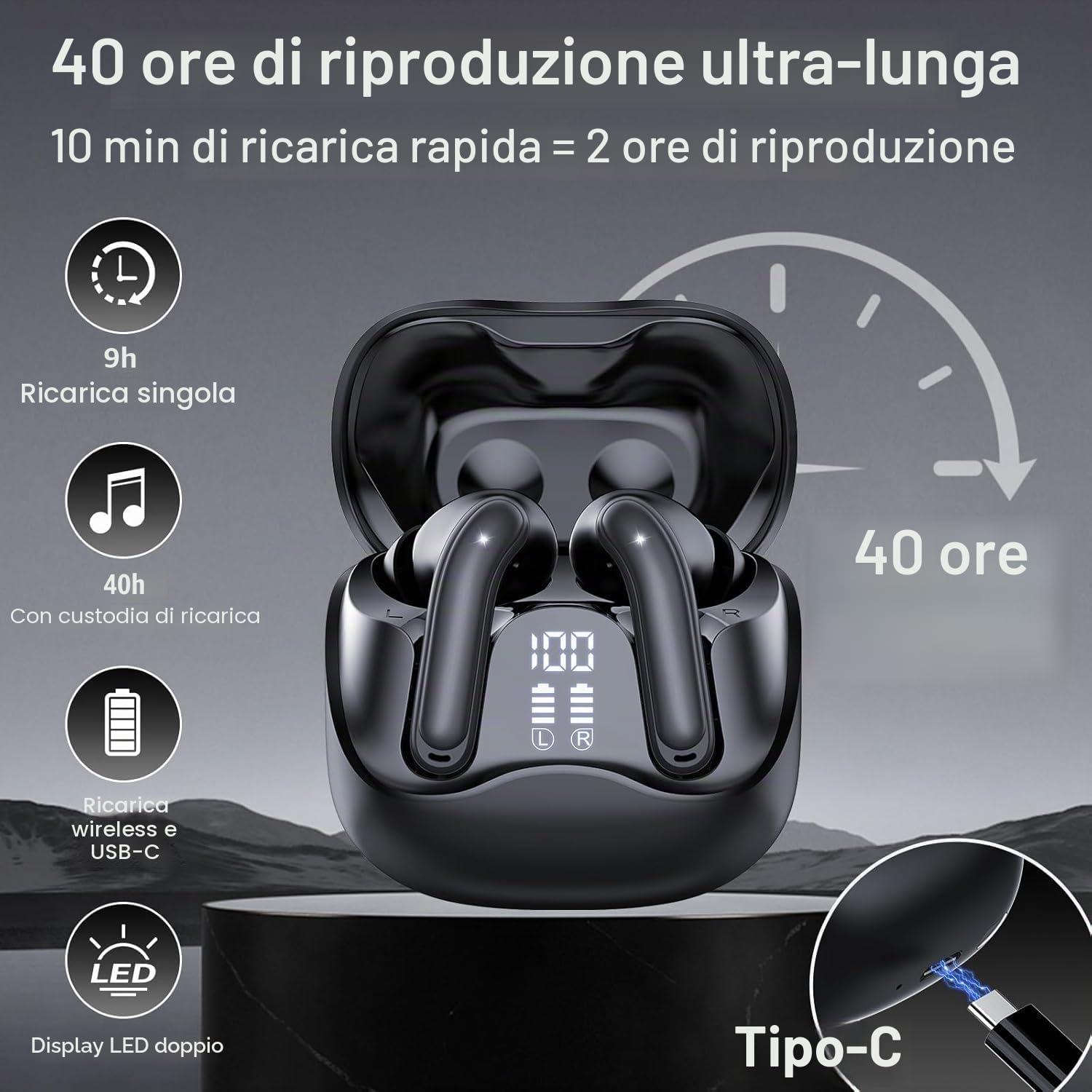 Cuffie Wireless con Cancellazione Rumore Attiva, ANC 6-Mic, 49Ore Musica, Hi-Res Bassi potenti Bluetooth 5.4 Auricolari con APP, 8 Modalità EQ, Ricarica Wireless, Cuffie Sport IPX7, Connessione Doppia