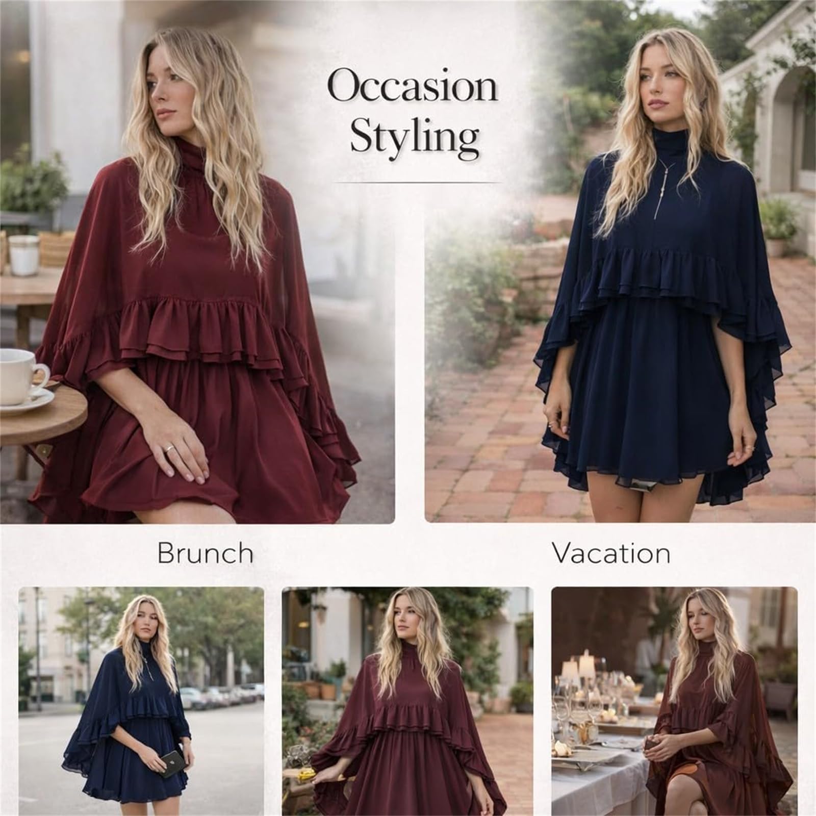 Vestido de gasa semitransparente con volantes y capa exterior, manga poncho fluido, mini vestido para trabajo, oficina, salidas informales, citas, fiestas