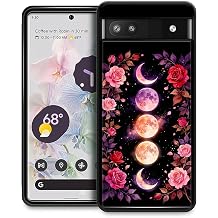 CARLOCA Compatible with Google Pixel 6A Case Design for Girl Shockproof Anti-Scratch Hard PC Back Case Esthetics Fashion Pattern Moon Phase Romantic Red Pink Roses