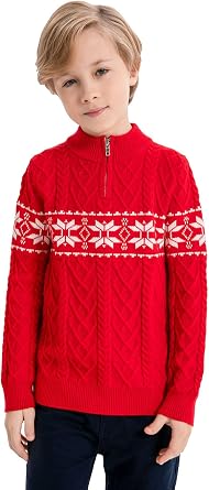 SMILING PINKER Boys Christmas Sweater Cable Knit Half Zip Mock Neck Snowflake Pullover