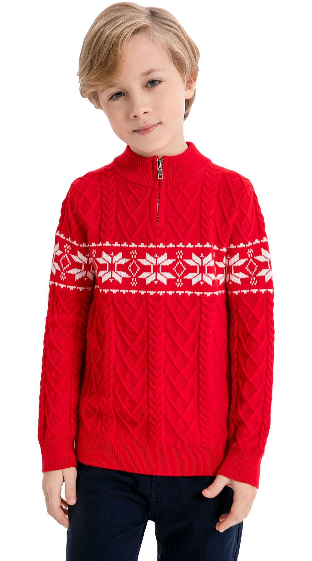 SMILING PINKERBoys Christmas Sweater Cable Knit Half Zip Mock Neck Snowflake Pullover