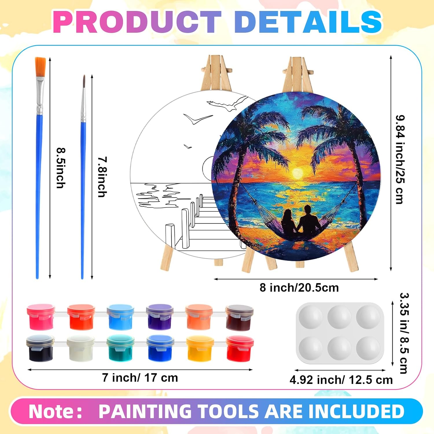 Supervitae 72 Piece Scenery Round Pre Drawn Canvas Kit 8" Paint and Sip Kit for Adults Painting Party Pre Printed Canvas DIY with Pictures Paints Easels Brushes for Party Gifts