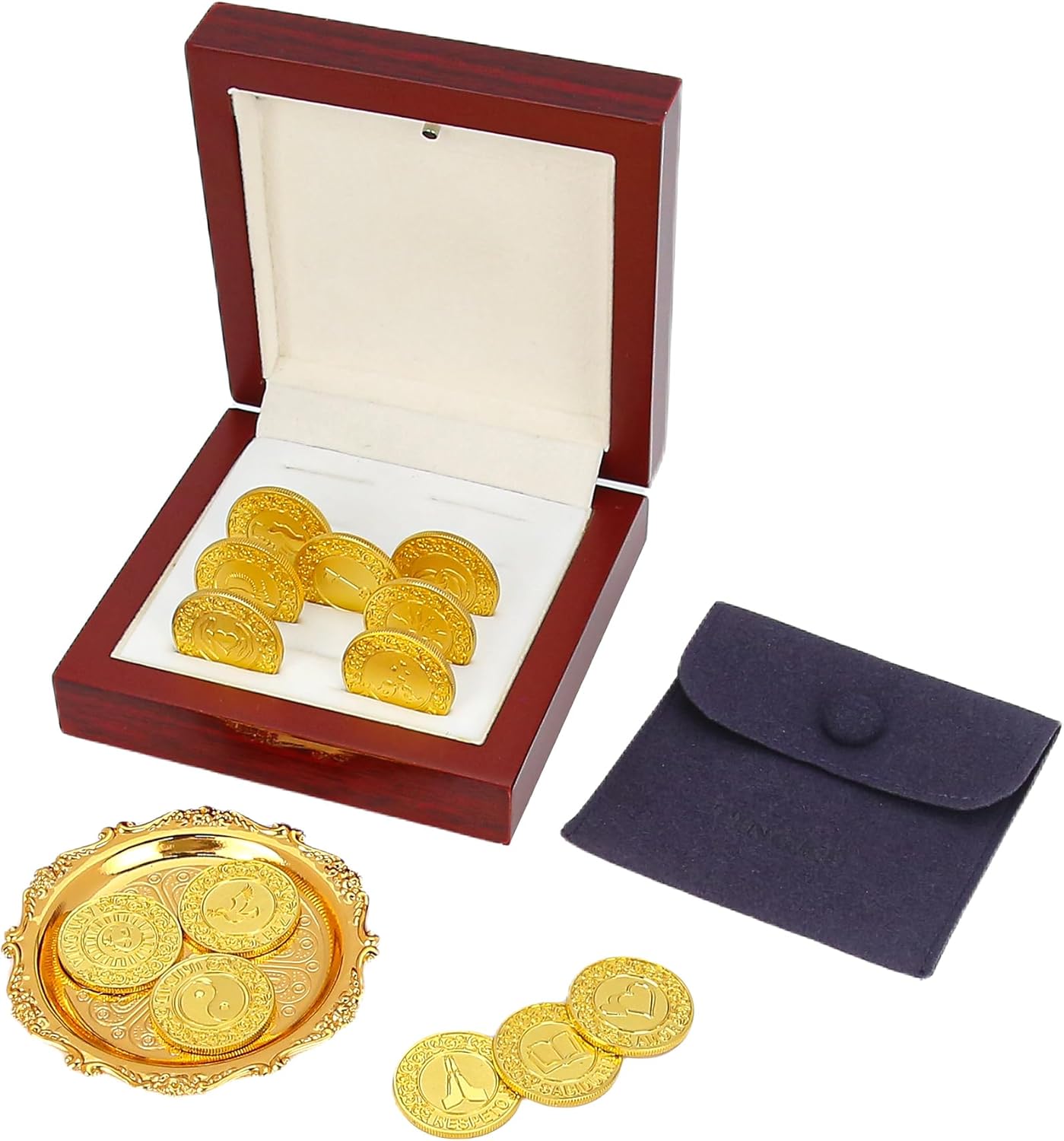 TINGKU 13-Piece Wedding Unity Coins Set – Spanish Arras para Boda Católica with Virgen de Guadalupe, Traditional Arras de Boda Cristiana in Wooden Gift Box, Recuerdos para Boda (Gold Coins)