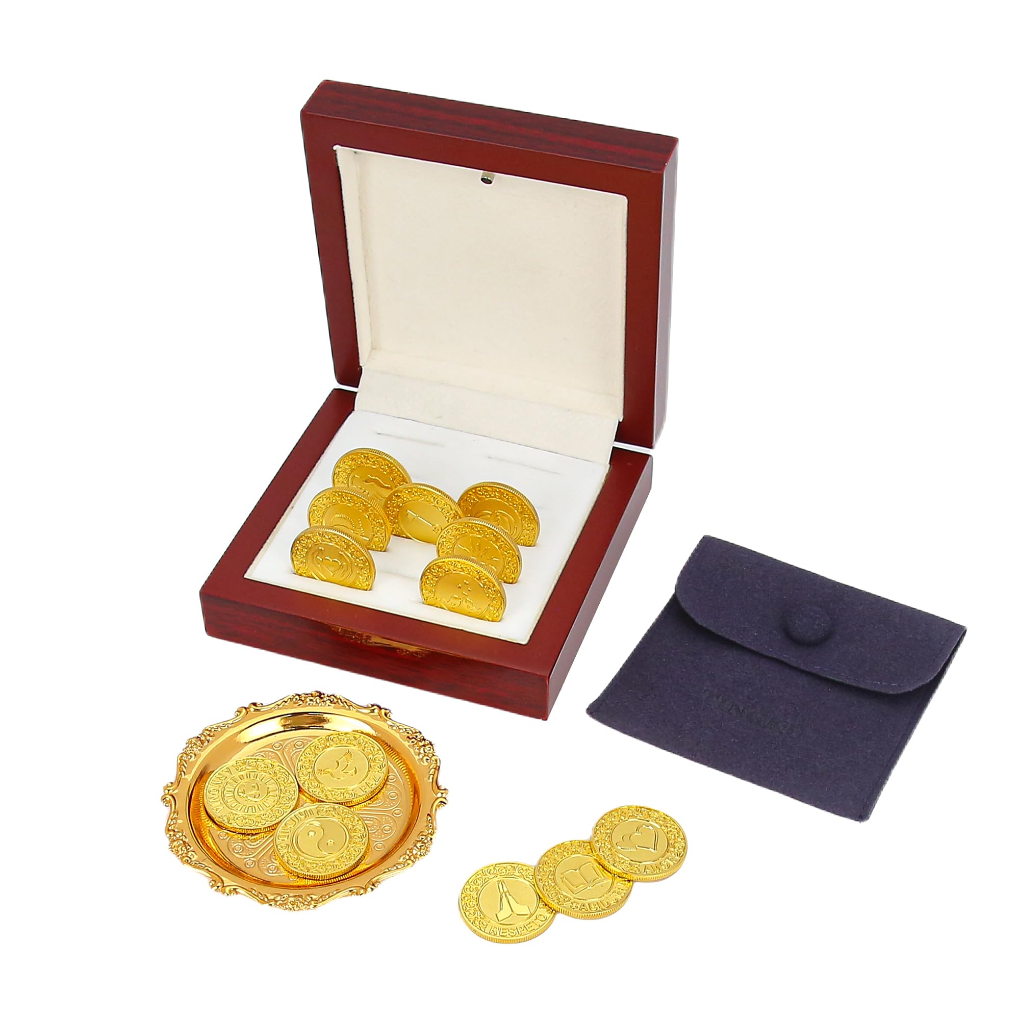 TINGKU Arras para Boda Católica - Juego de 13 monedas de boda Arras de Boda Cristiana Aras de Matrimonio, caja de madera para boda católica tradicional (Gold)