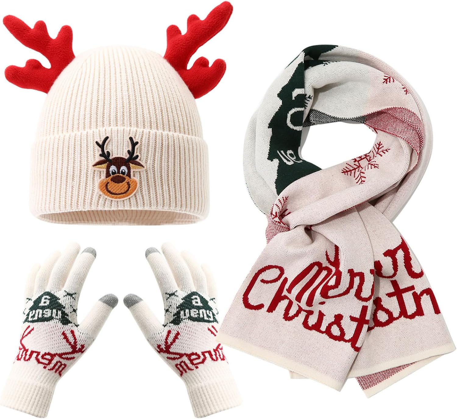 Christmas Knitted Hat Scarf Glove Set, Pom Pom Beanie Gloves Scarf Winter Set for Christmas Cold Weather