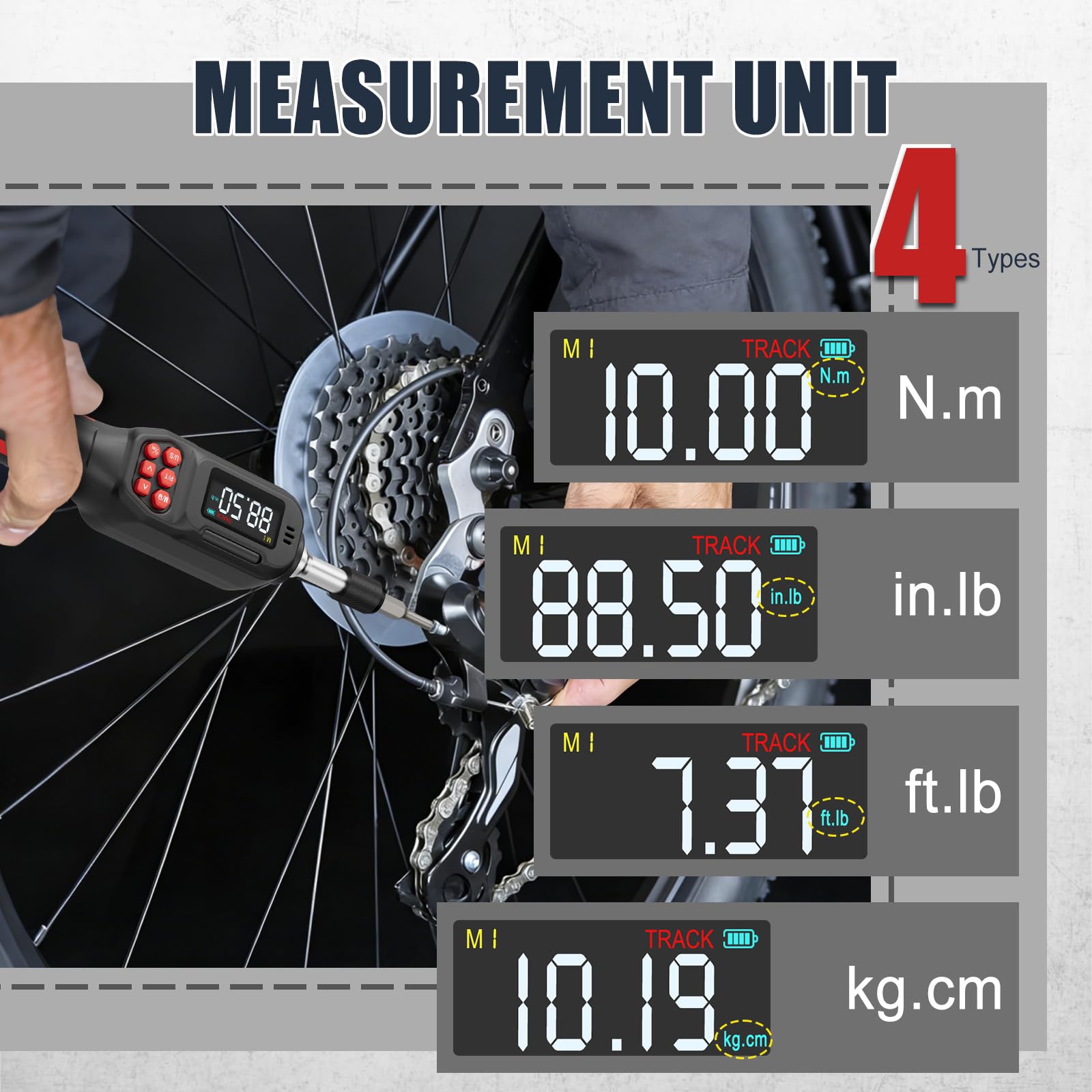 VANPO Destornillador de par digital 0,5 – 10 Nm, juego de destornilladores dinamométricos de 1/4 pulgadas con pantalla LCD y zumbador, 31 puntas y extensión de 100 mm, 4 unidades para bicicleta