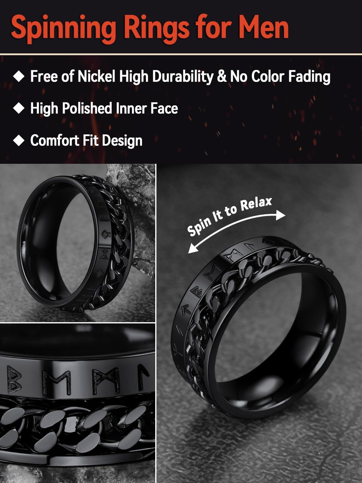FaithHeart Anillo Vikingo Hombre Anillos Giratorio Runas Vikingas Acero Inoxidable para Hombres Novio Padre Talla 14.5-32