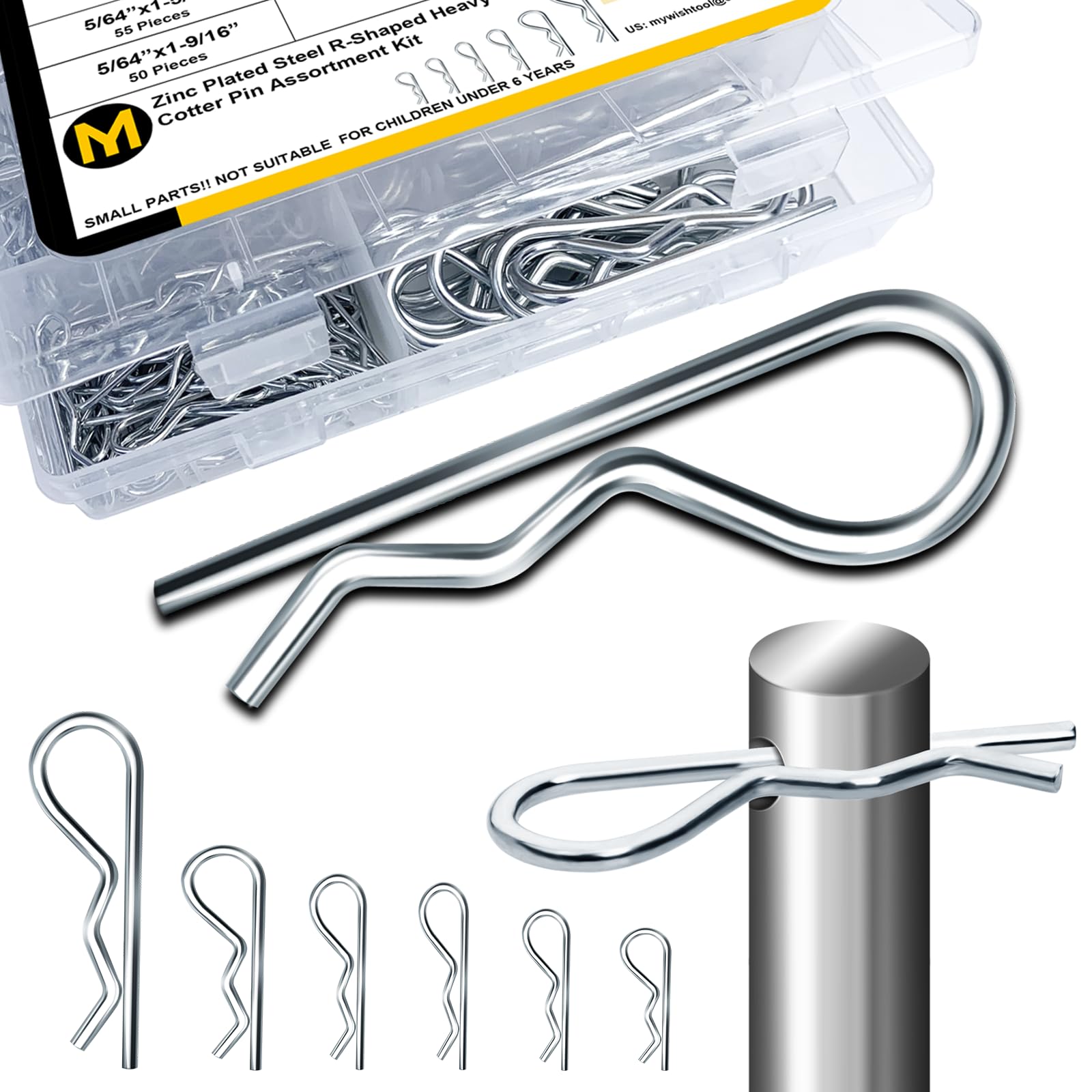 Mywish 270Pcs Hardware Kit, 6 Sizes Hitch Pin Assortment, Locking R Clips, Zinc-Plated Steel, Cotter Pin Set