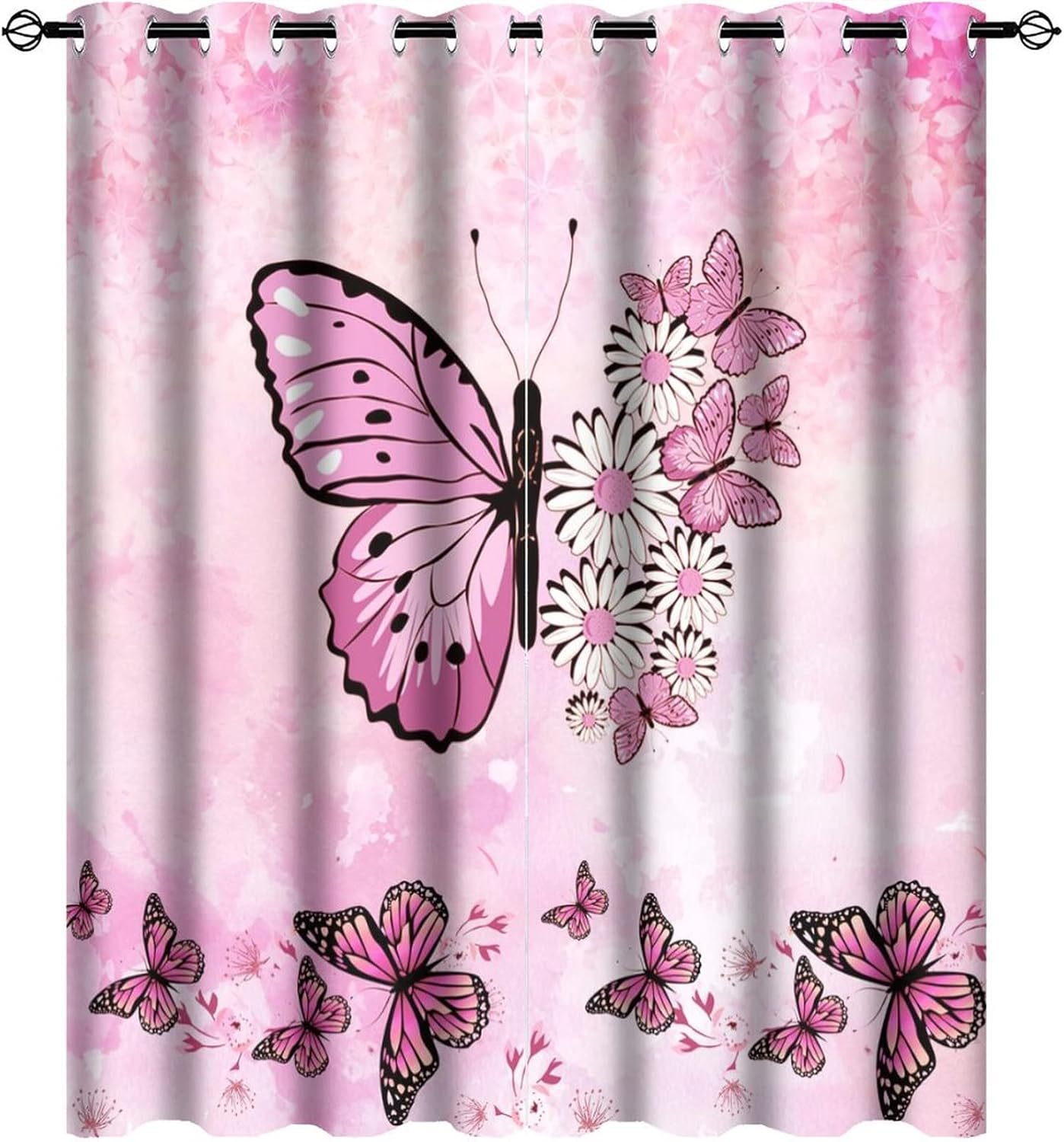 Pink Fantasy Butterfly And Flowers Blackout Curtains for Bedroom,Abstract Modern Art Colorful Butterfly Girls Room Decor Grommet Thermal Insulated Room Darkening Window Treatments 2 Panels 45L x 21W