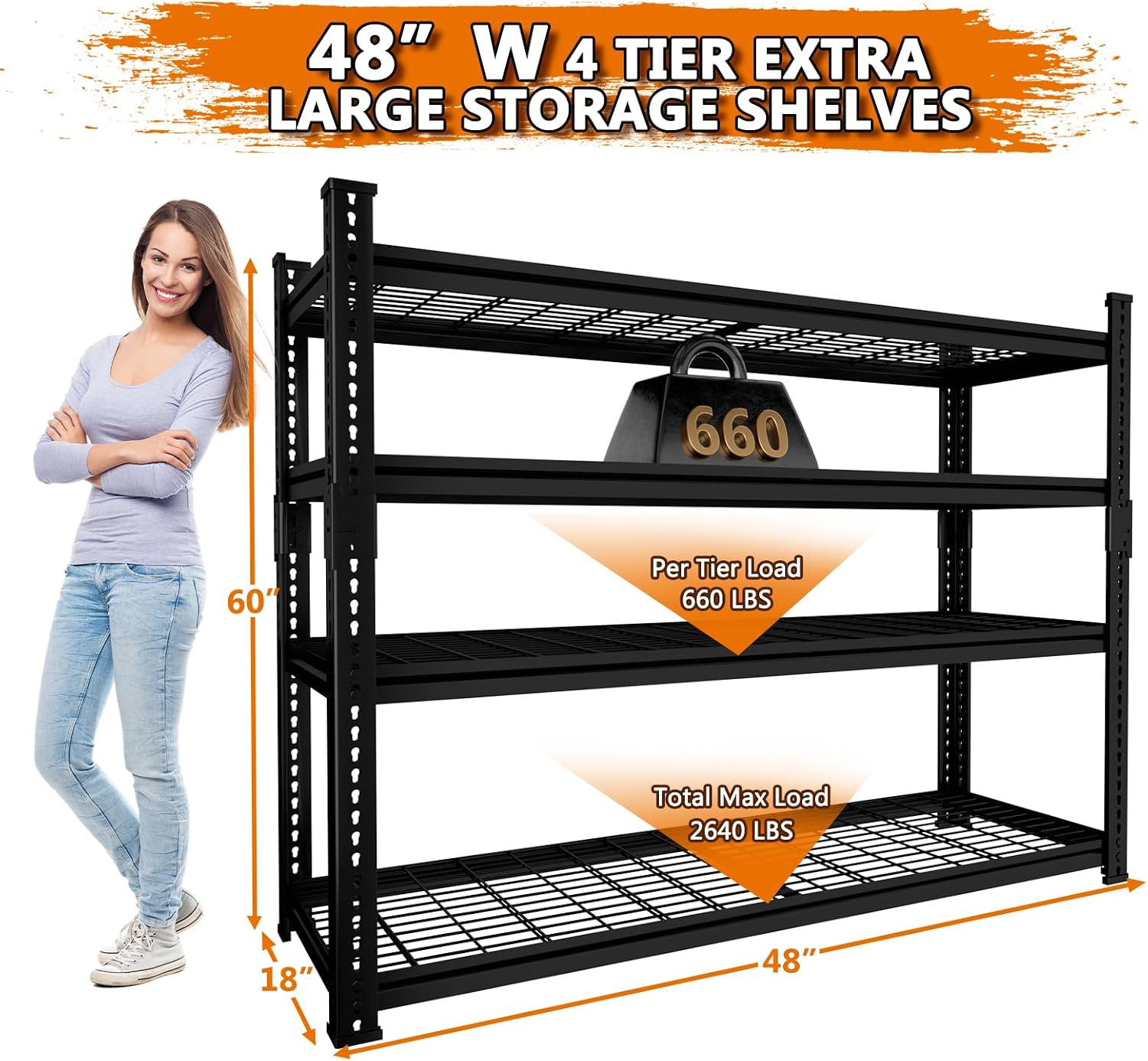 Storage Shelves Heavy Duty 4 PCS, 48"L x 18"W x 60"H Garage Wire Shelving Unit Loads 2640LBS, 4-tier Adjustable Metal Industrial Utility Shelf Rack for Kitchen, Laundry, Pantry, Warehouse, Basement