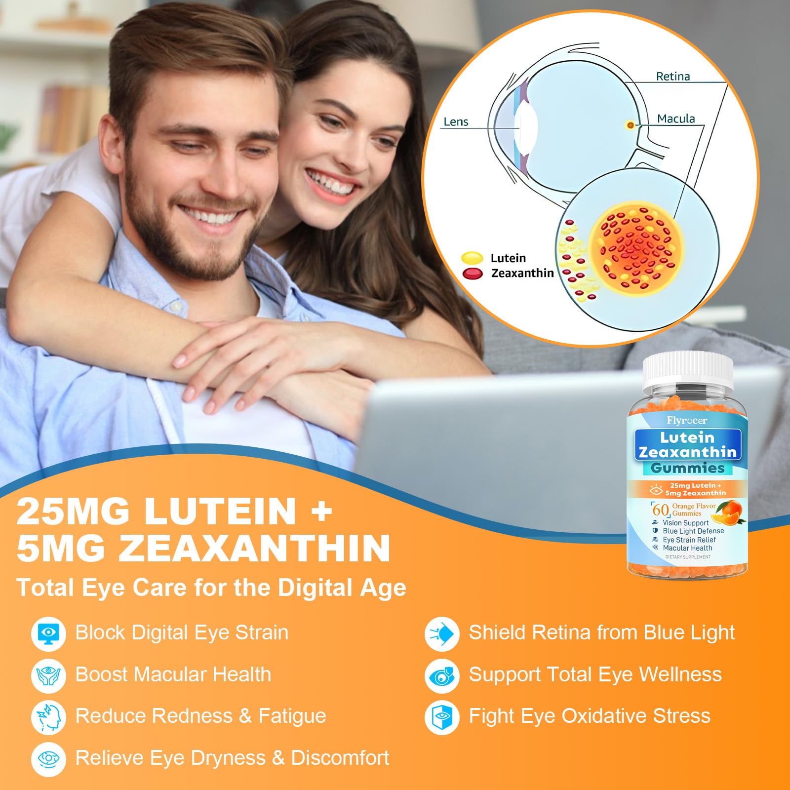 Sugar Free Lutein Gummies 25mg, Lutein and Zeaxanthin Supplements for Eye Health, 13-in-1 Eye Care Formula with Omega-3 Bilberry Saffron-Vision Health, Eye Strain, Dry Eyes,Vegan Orange Flavor 120 Cts — Amazon image 4