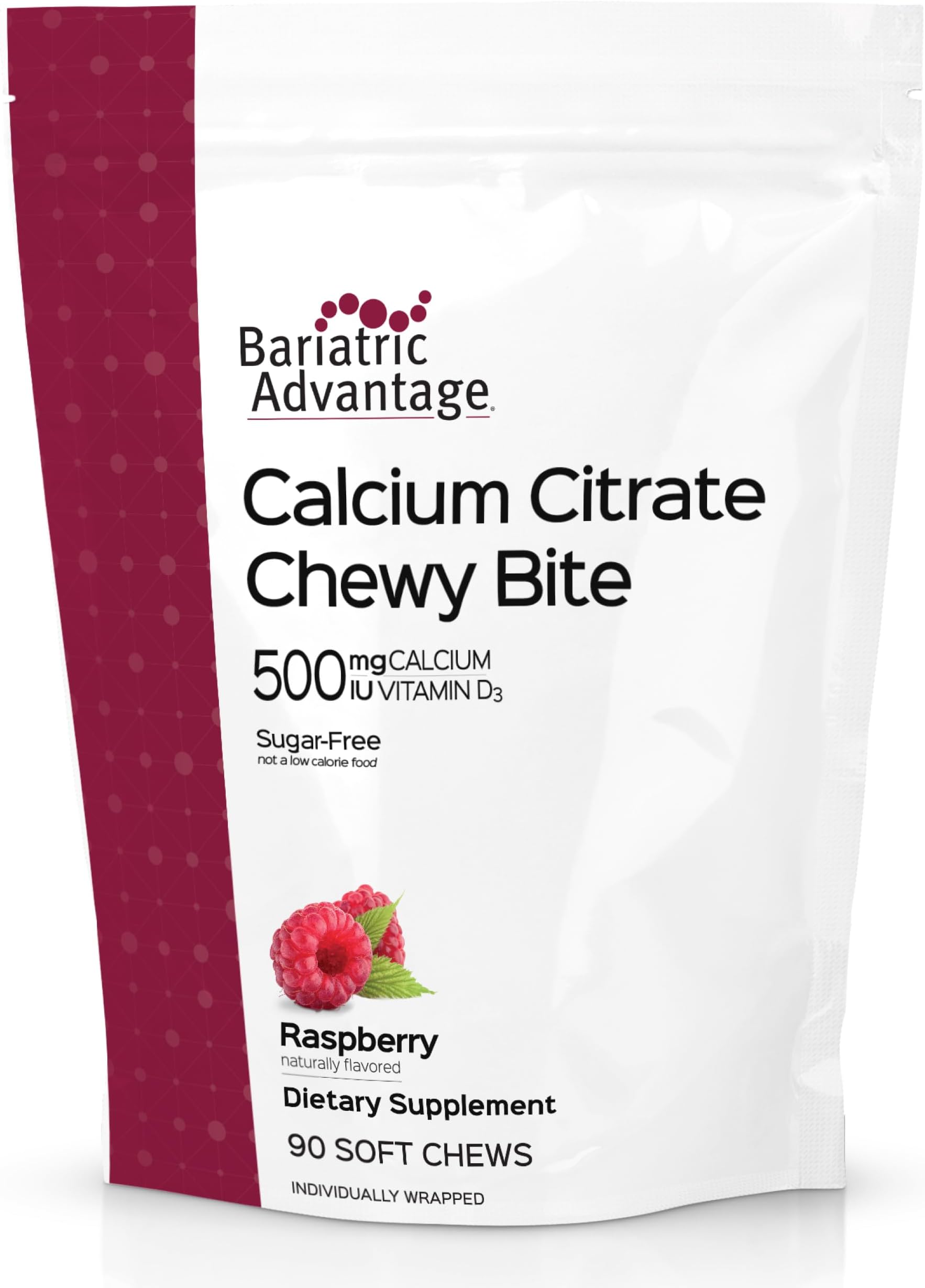 Calcium Citrate Chewy Bites 500 mg - Highly Absorbable & Digestible - Vitamin D3 - Easily Chewable Calcium Supplement - Raspberry Flavor - 90 Count