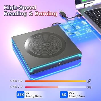 LEDライト外付けDVD CDドライブ、USB-A&USB‑C光ディスクリーダーライター。 | USB A & USB Cケーブル、ブルーエッジLED、8X‑DVD 24X‑CD読み取り、プラグアンドプレイ、Windows Macノートパソコンデスクトップ用スリム。