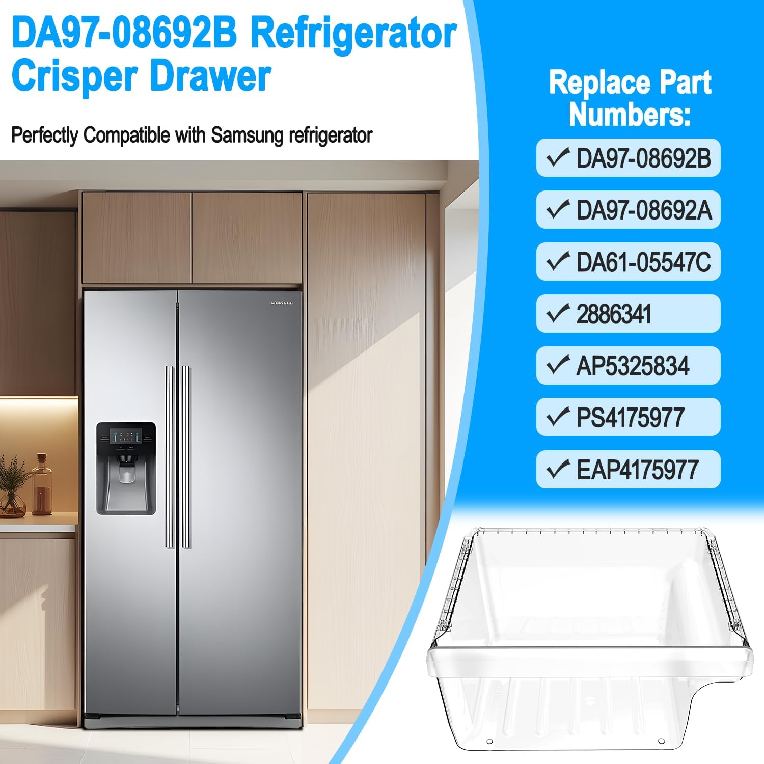 UPGRADED DA97-08692B Refrigerator Crisper Drawer Compatible with Samsung Fridge Drawer Replacement RS25J500DSG RS25J500DSR RS261MDRS RS25H5000SR Drawer for DA97-08692A Samsung Refrigerator Drawers