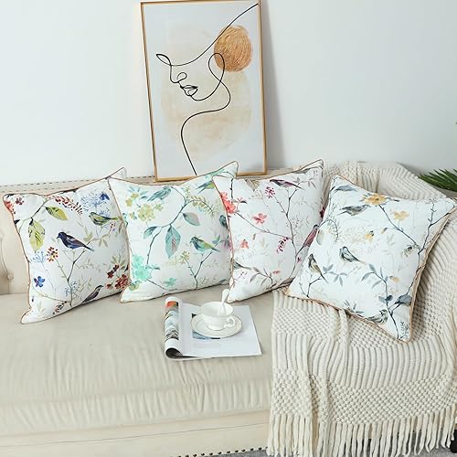 Miniatura 7 de VOGOL 1 pieza funda para cojín, patrón floral de pájaros verdes impreso para decoración rústica del hogar, funda de cojín de 45,7 x 45,7 cm para