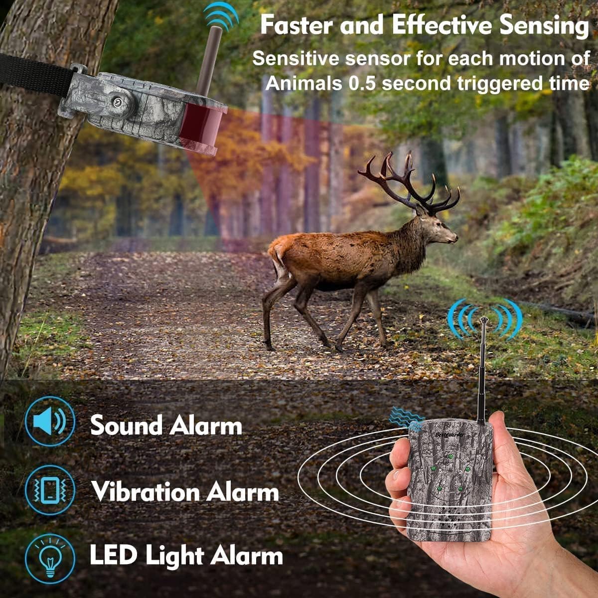 Bestguarder system showing a deer triggering a motion sensor, with the receiver indicating sound, vibration, and LED light alarms.