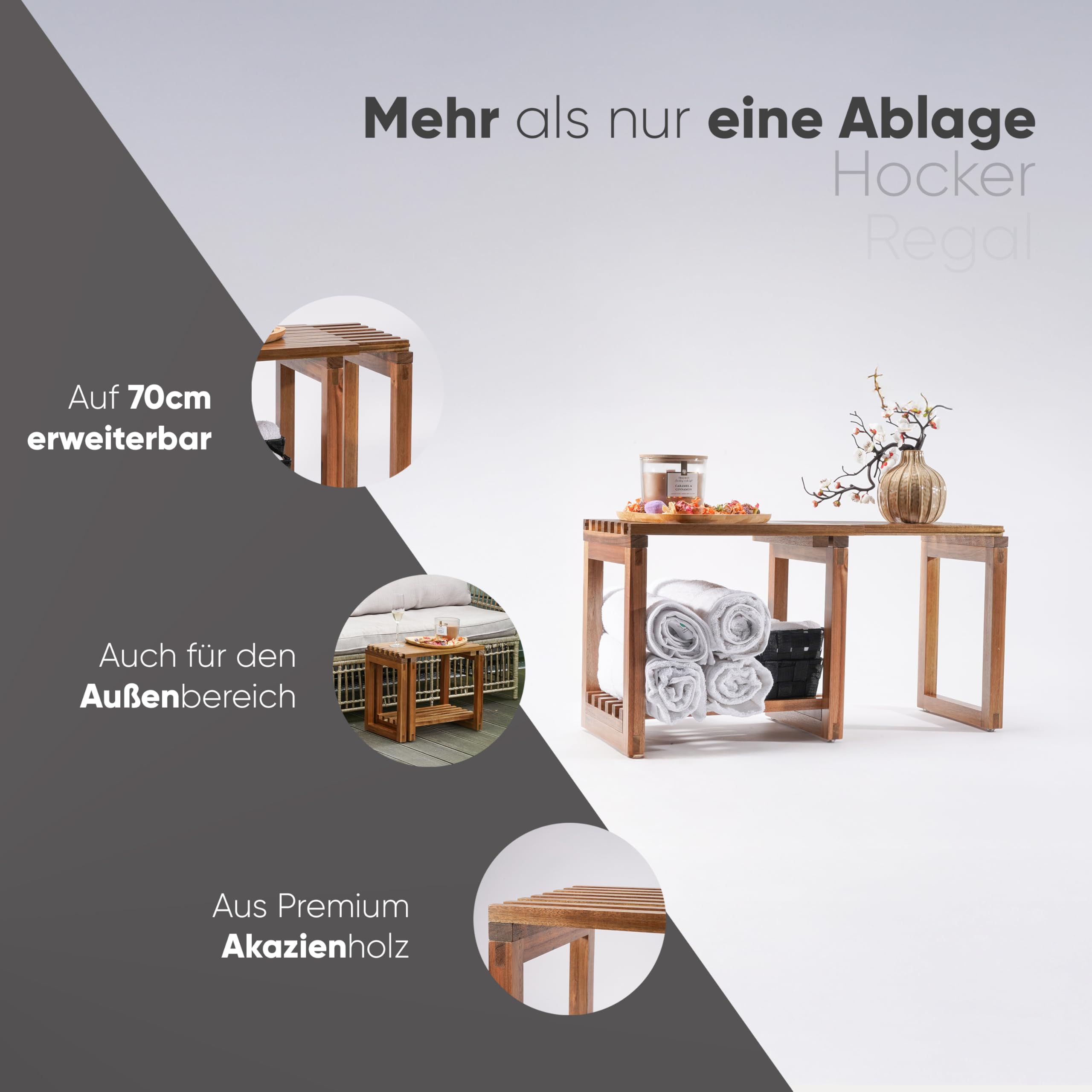 SVADA ausziehbarer Duschhocker aus Akazienholz - Duschbank Akazie mit Ablage - multifunktionale Saunabank - Hocker & Beistelltisch aus Holz für Badezimmer - Dusche - Balkon - Garten - outdoor - indoor