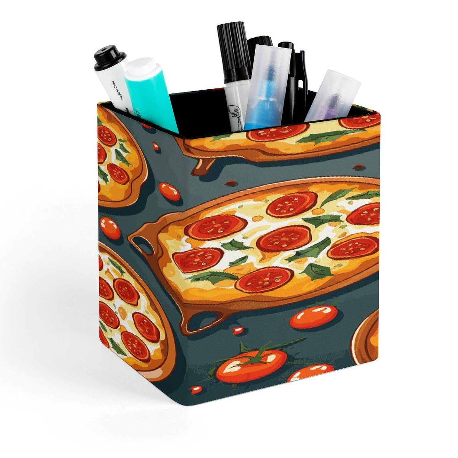 FekiLoot Pizza Food Pencil Holder for Desk Square Leather Pen Holder Cup Desktop Organizer Multi-Functional Pencil Cup Holders Modern Decorative Desk Organizer Caddy Makeup Brush Holders