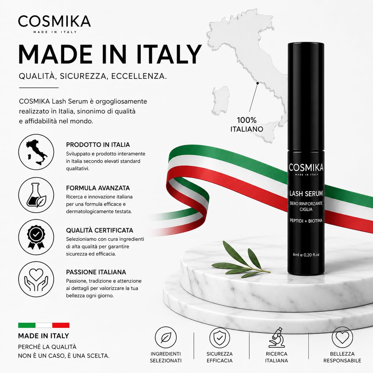 Siero Ciglia Allungante e Volumizzante MADE IN ITALY, Peptidi E Biotina per Ciglia e Sopracciglia, Flacone 6ml