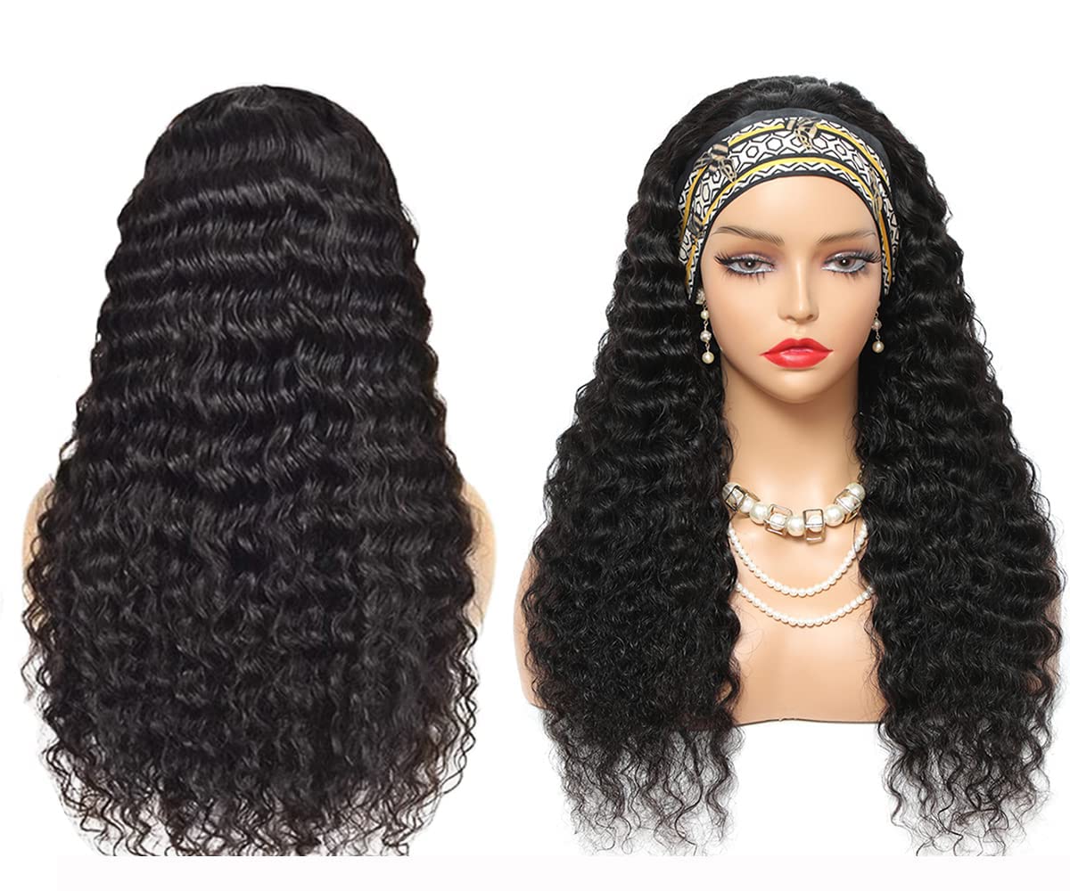 Aiterina Deep Wave Headband Wig 10 Inch Glueless Human Hair Wigs Machine Made No Lace Curly Hair Wigs Headband Wig Natural color