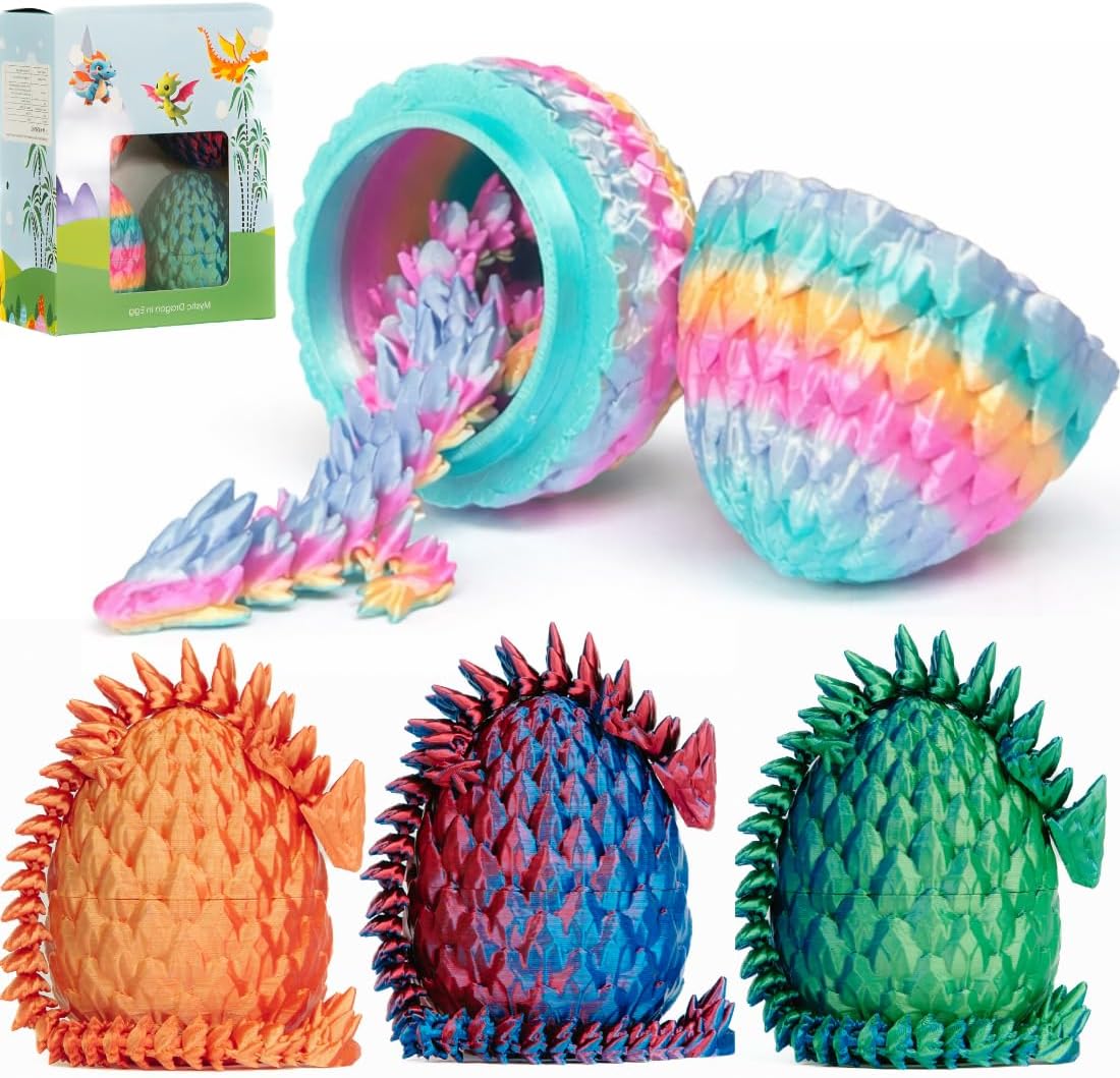 ELORION 4PCS 8,5" 3D Printed Dragon Eggs with Dragon Inside, Easter Basket Stuffers, Egg Hunt Filler for Kids