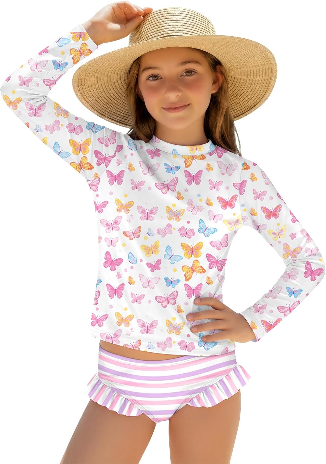 Xaatren Girls' 2 Piece Swimsuit Toddler Long Sleeve Rash Guard Sets with Ruffle Bottoms Kids Stretchy Bathing Suit