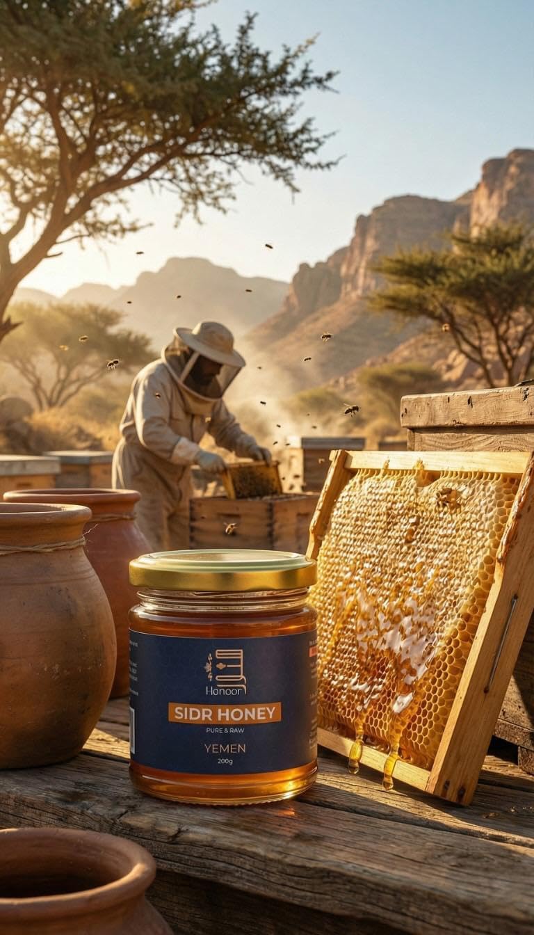 Honoor Authentic Yemeni Sidr Honey – Raw, Unpasteurised, & Unfiltered | Premium Summer Harvest Sidr (Jujube Ziziphus) Honey from Hadramaut Yemen | 100% Pure & Natural Honey in Glass Jar, 7.5oz / 200g