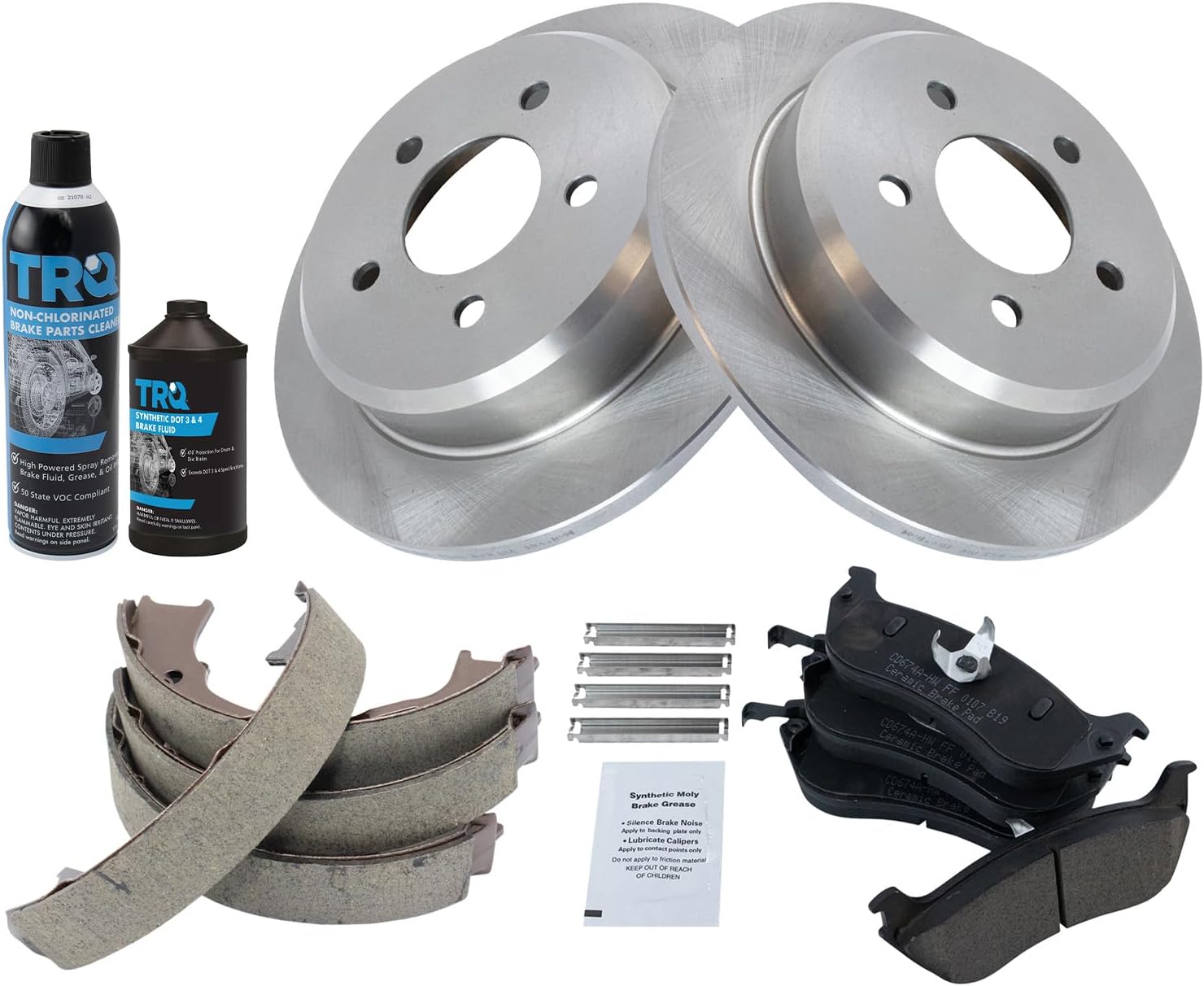 TRQ Rear Brake Pad & Rotor Kit Brake Chemical Kit Brake Pads Brake Rotor Parking Brake Shoe Set Ceramic Compatible with 1996-2002 Ford Crown Victoria Lincoln Town Car Mercury Grand Marquis
