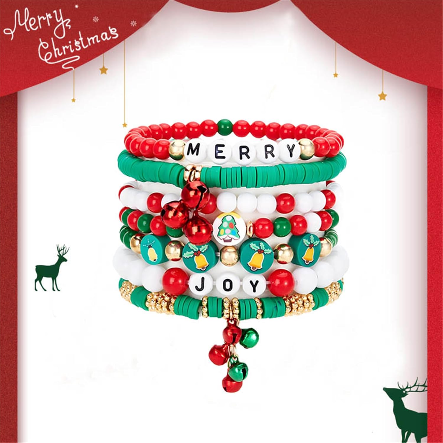 coadipress Christmas Bracelets Set Heishi Surfer Polymer Clay Beaded Stacks Stretch Layering Friendship Bracelet Joy Noel Hohoho Merry Bracelets Holiday Party Xmas Jewelry Gifts - Image 3