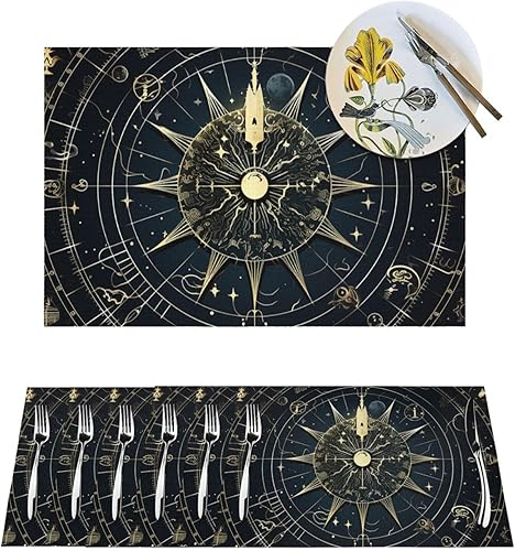 Juego de 6 manteles individuales de PVC con patrón astrológico antideslizante, 12 x 18 pulgadas, juego de manteles individuales duraderos para cenas