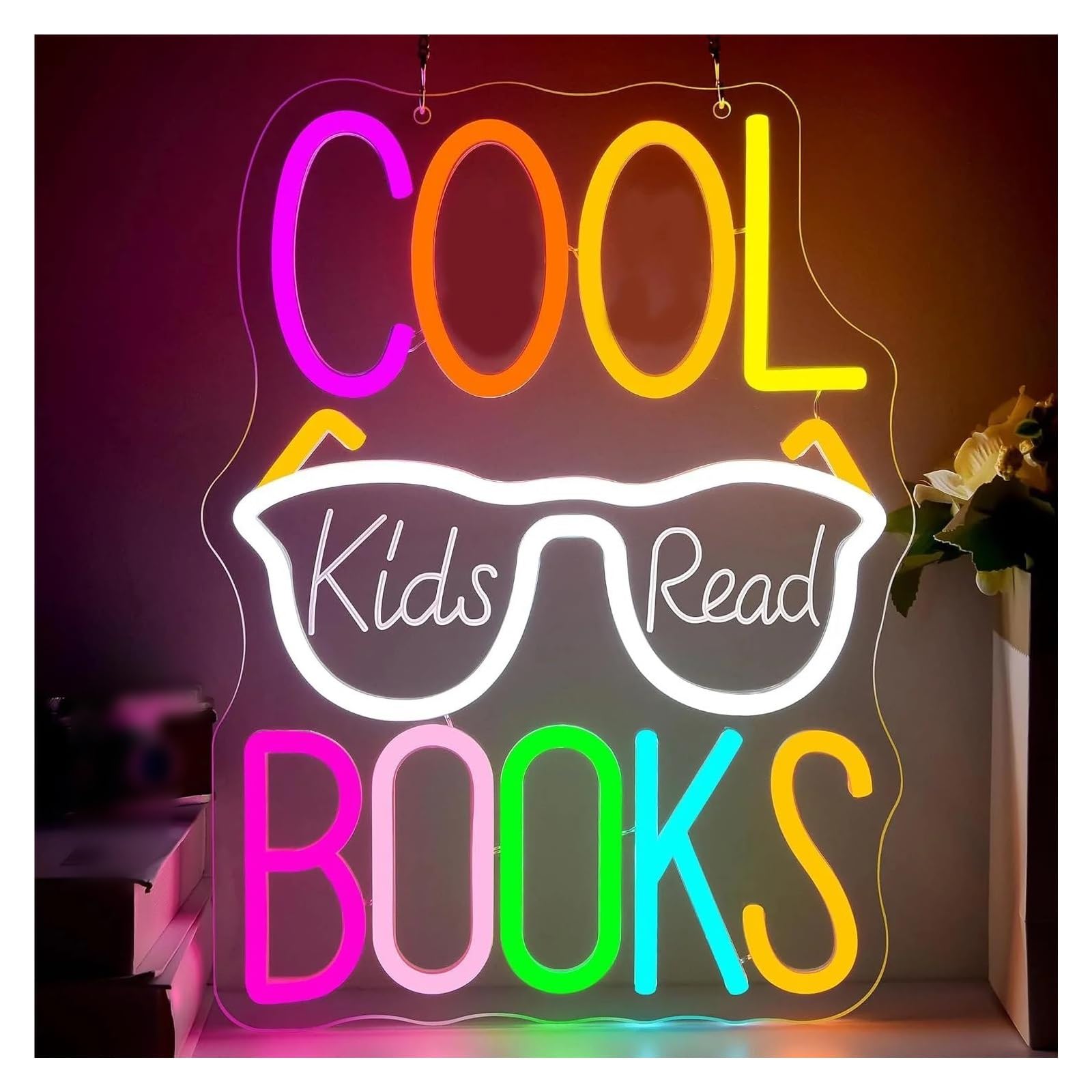 Wiszące neony artystyczne Neon "Fajne Dzieci Czytają Książki" Kolorowy Napis, Dekoracja Ścienna Do Czytania, Księgarnia, Biblioteka, Muzeum, 35 X 27,7 Cm