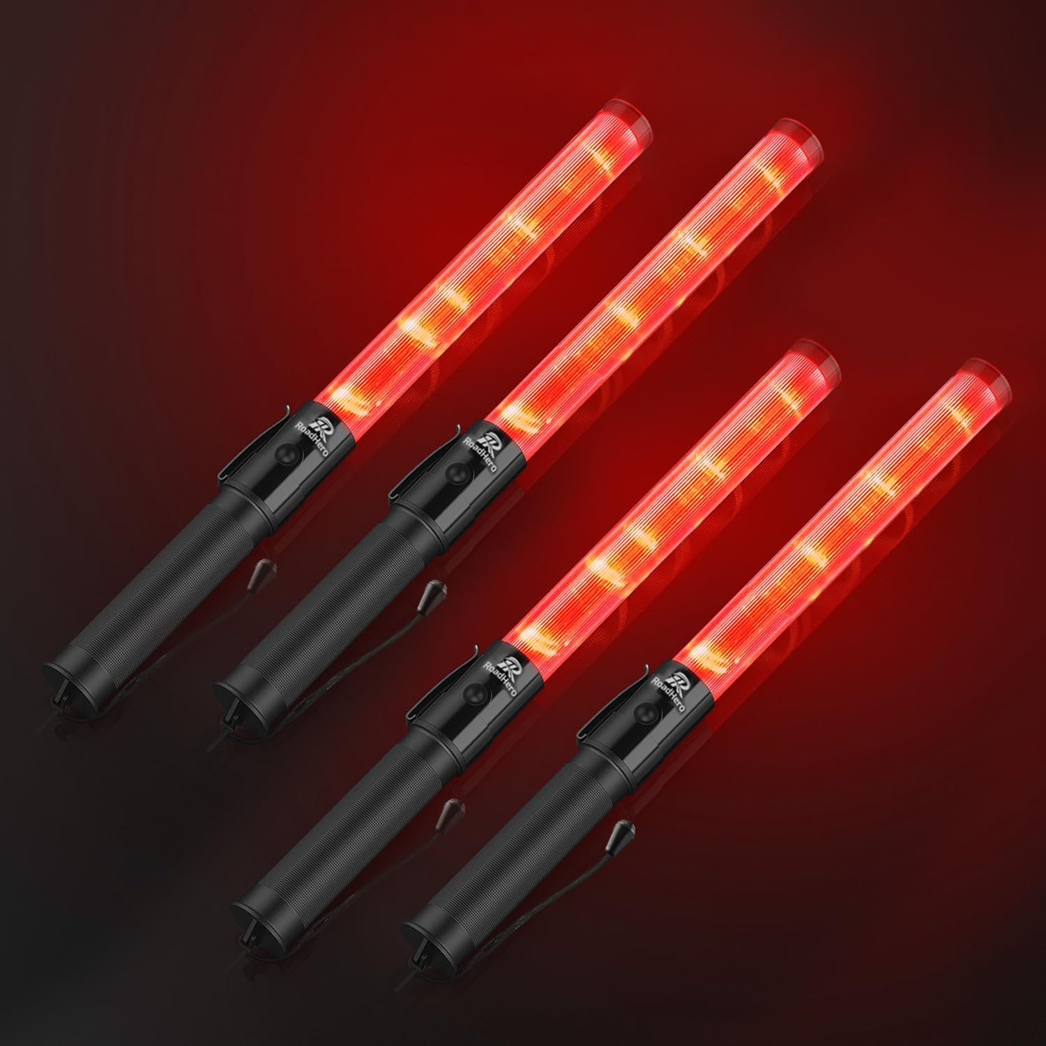 RoadHero 4 Pack Traffic Batons, 16 Inch LED Traffic Control Batons, Safety Light Wands with 2 Flashing Modes, Air Marshaling Signal Wand with Side Clip for Airport, Parking, Car Directing