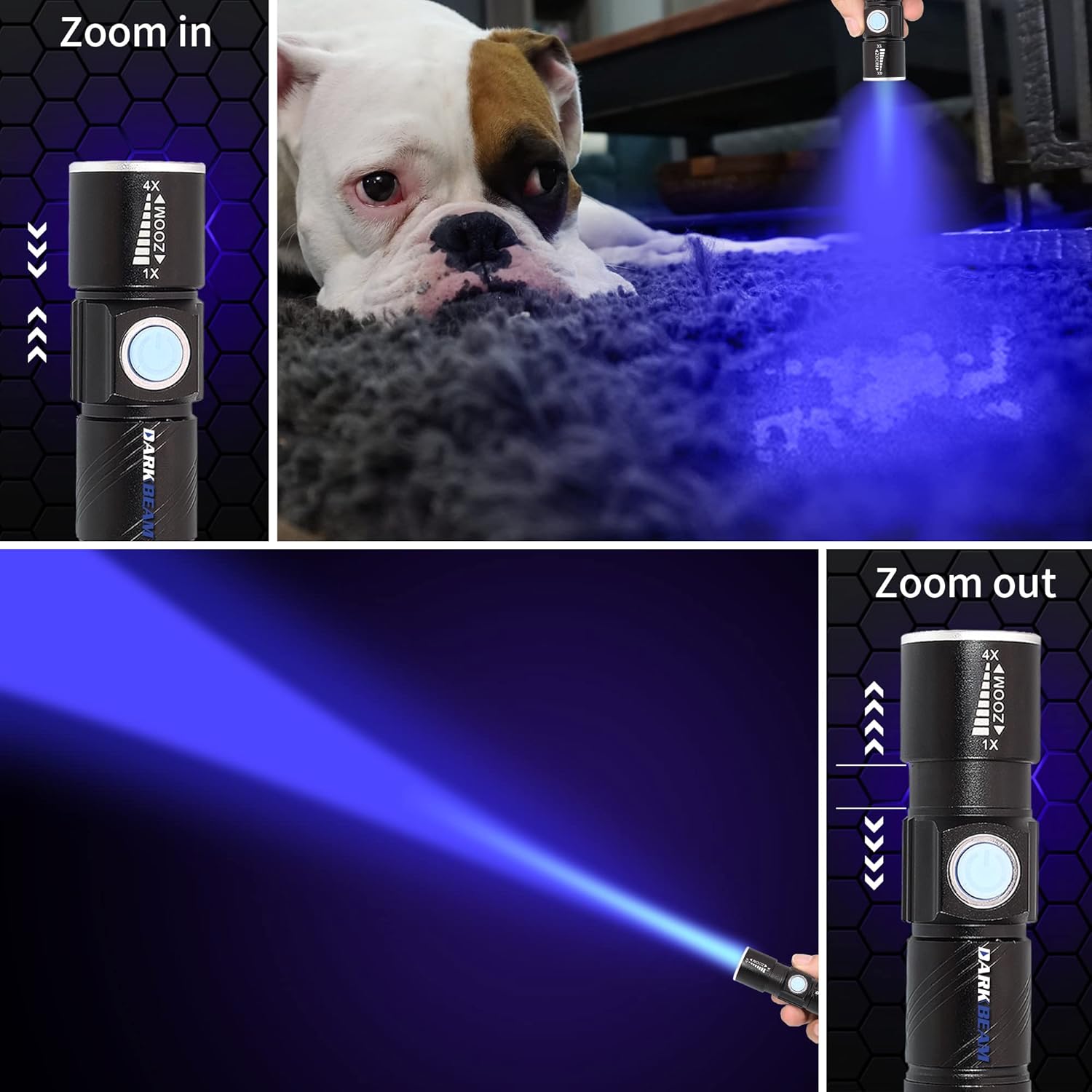DARKBEAM UV 365nm Flashlight demonstrating zoom in and zoom out functionality for pet stain detection