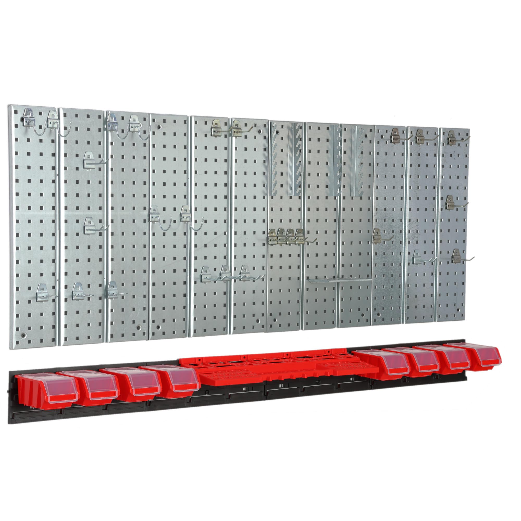Werkzeugwand Metall 156x72 cm Lagersystem mit Werkzeughaltern Werkzeughaken und 8 Stapelboxen 100 x 150 x 70 mm Farbe: rot Lochbrett Werkstatt Garage Steckbrett Elektrowerkzeuge Lochwand