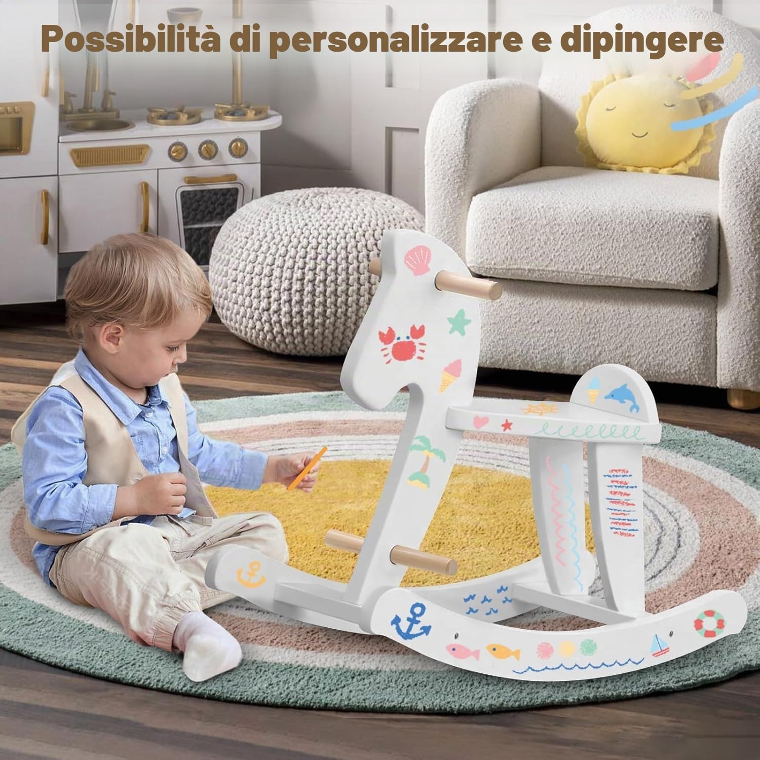 labebe Cavallo Dondolo Legno Bianco Classic, Sedia Dondolo Bambini per 6-36 Mesi, Giochi Cavalcabili Bambini/Dondolo Bambino/Dondolo Neonati Elettrico Dondolo Cavallo Bianco