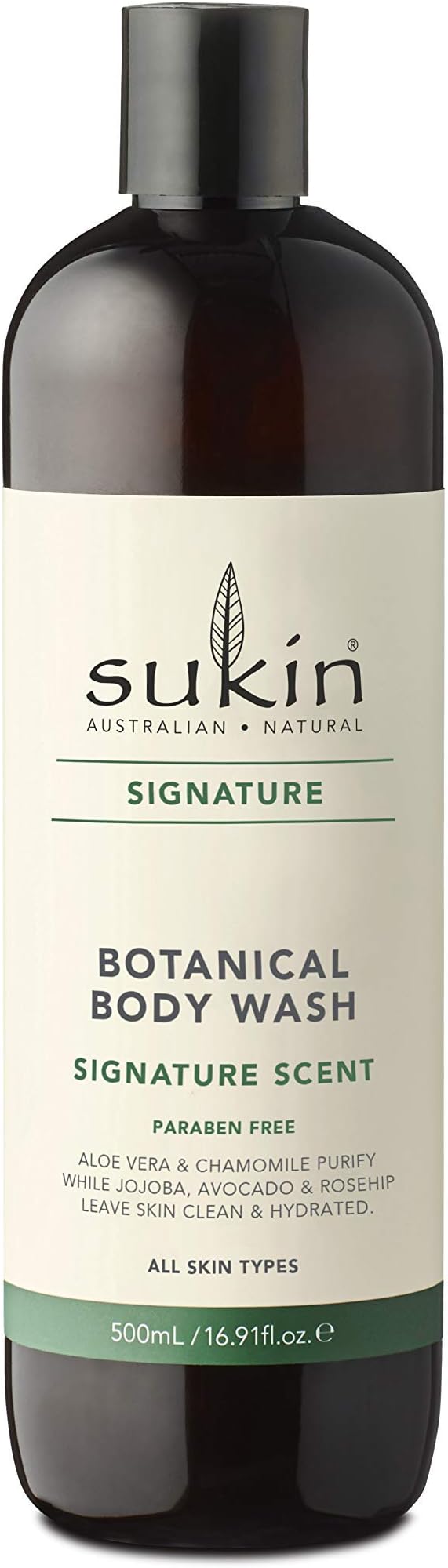 Sukin Signature Soap-Free Botanical Body Wash 500ml - gently cleanses and purify the skin without drying - with Aromatic Botanicals and Essential Oils; cruelty free & vegan friendly.