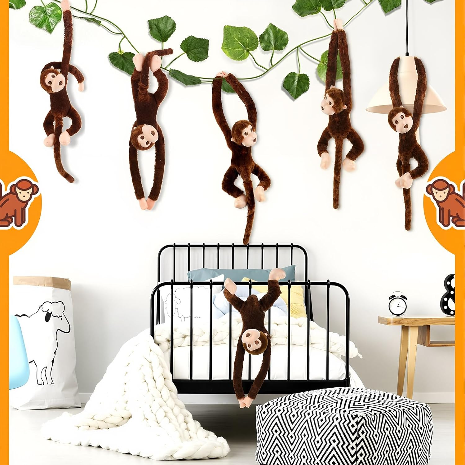 Hungdao 6 Packs Hanging Monkey Stuffed Jungle Animal Toy Gifts with Hook and Loop Jungle Party Hanging Plush Monkey for Classroom Birthday Party Decorations(Dark Brown,24 Inch)