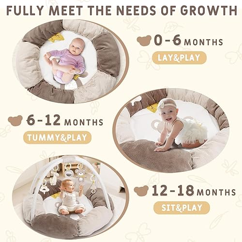 Miniatura 5 de Tapete de gimnasio 5 en 1 para bebé con 5 juguetes, tapete para el tiempo boca abajo para el desarrollo sensorial, centro de actividades para bebés