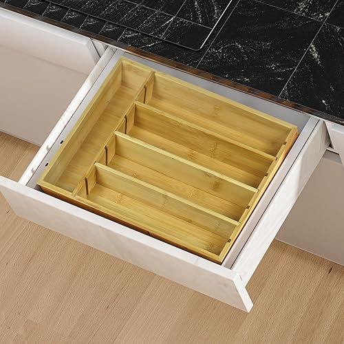 Miniatura 3 de Organizador de cajones de bambú para cocina, 5 ranuras para cubiertos, cubiertos y cuchillos. Organizador de cajones de utensilios ideal para