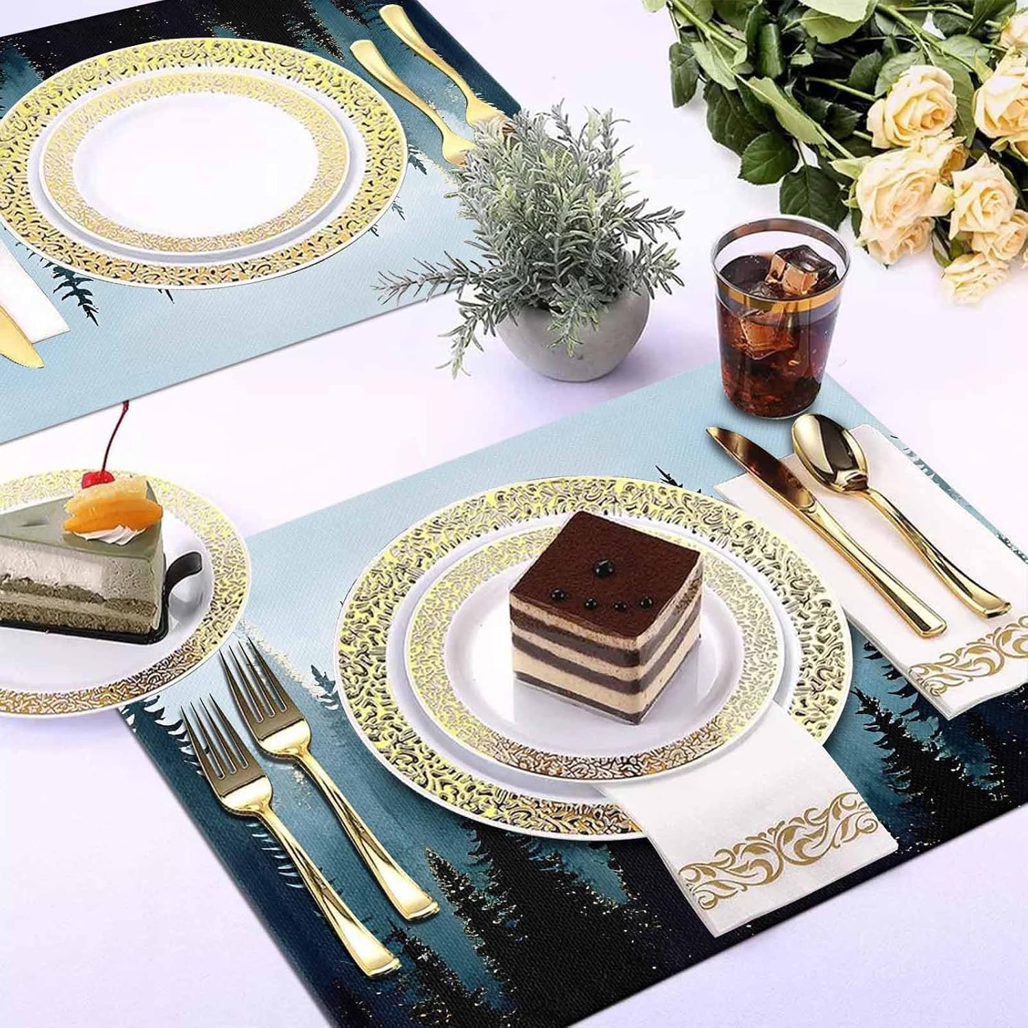 Placemats Set of 6, Non Slip Washable Table Place Mats 13"x19", Retro Forest Blue Trees Silhouette Landscape Heat Insulation Table Mats Dining Placemats for Kitchen Party Home Decor