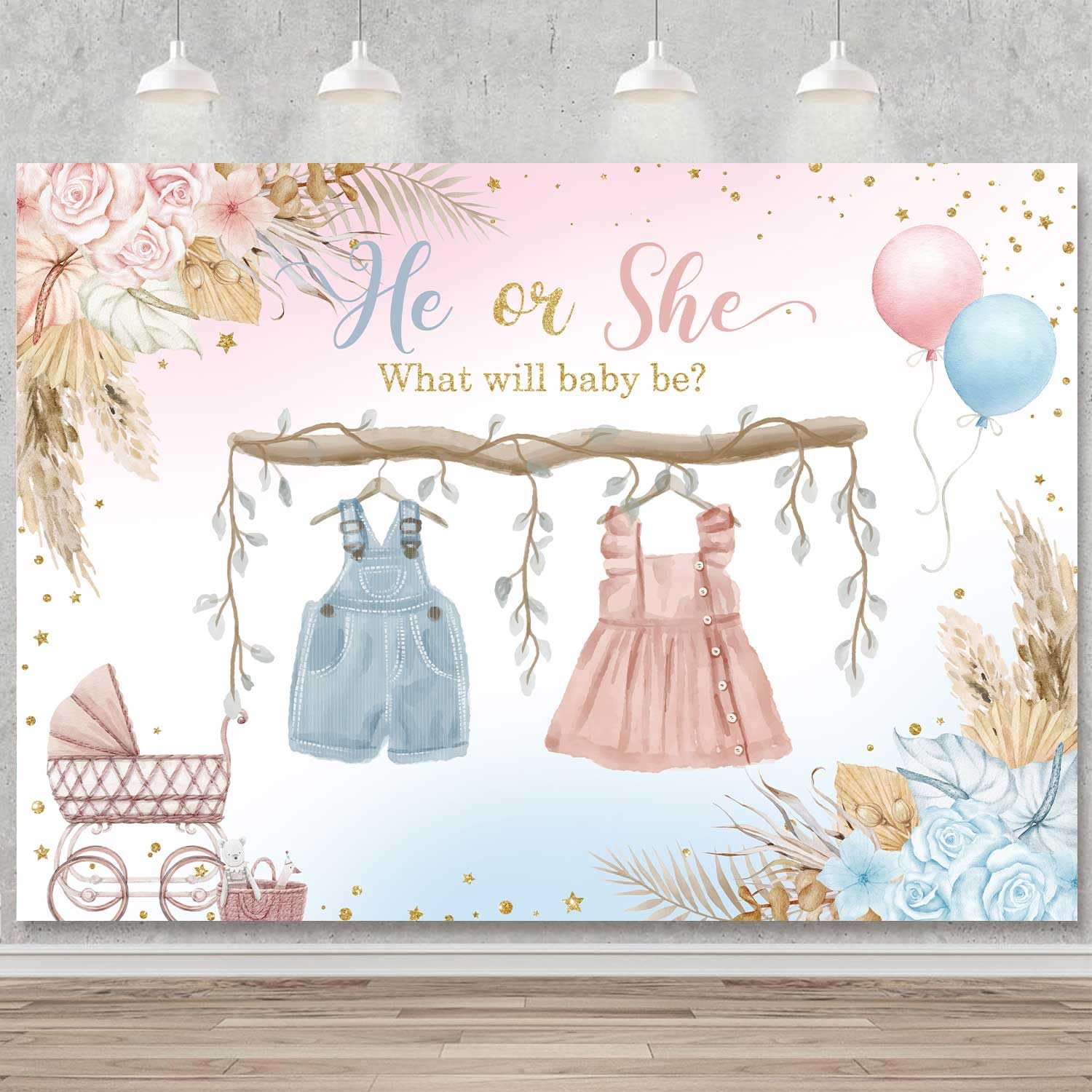 Sensfun Boho Gender Reveal Backdrop Baby Shower He or She Banner Blue and Pink Cute Clothes Baby Gender Reveal Background Party Decorations Supplies